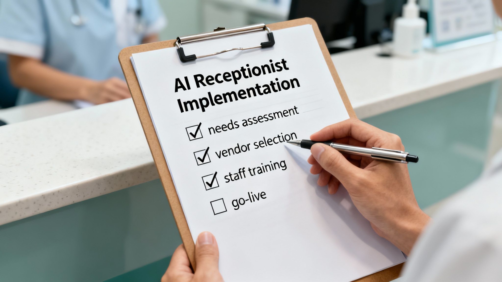 A person holds a clipboard with an AI Receptionist Implementation checklist, marking off tasks in a medical office.