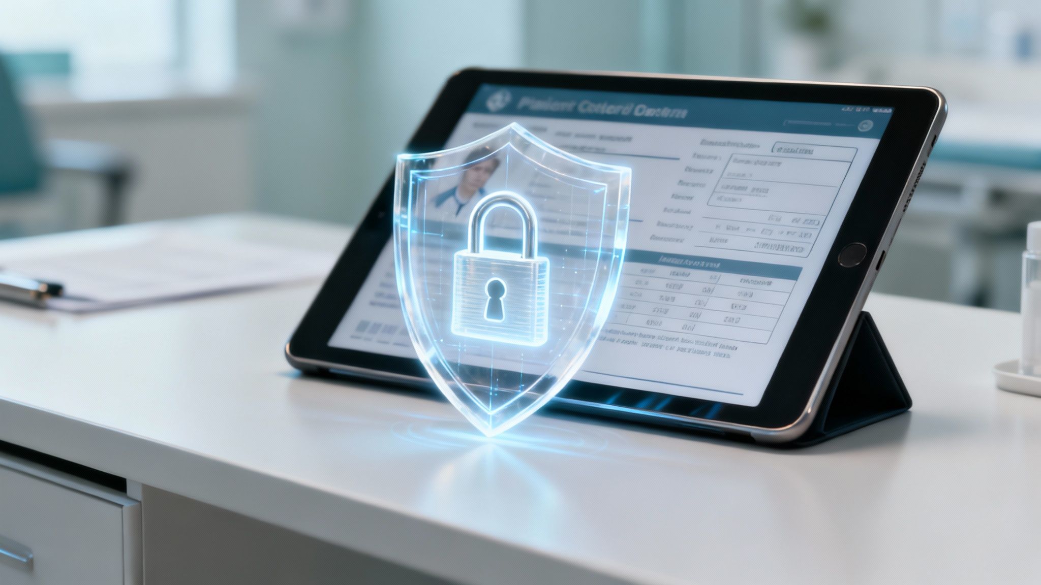Digital tablet displaying patient information, secured by a futuristic glowing shield and padlock icon.