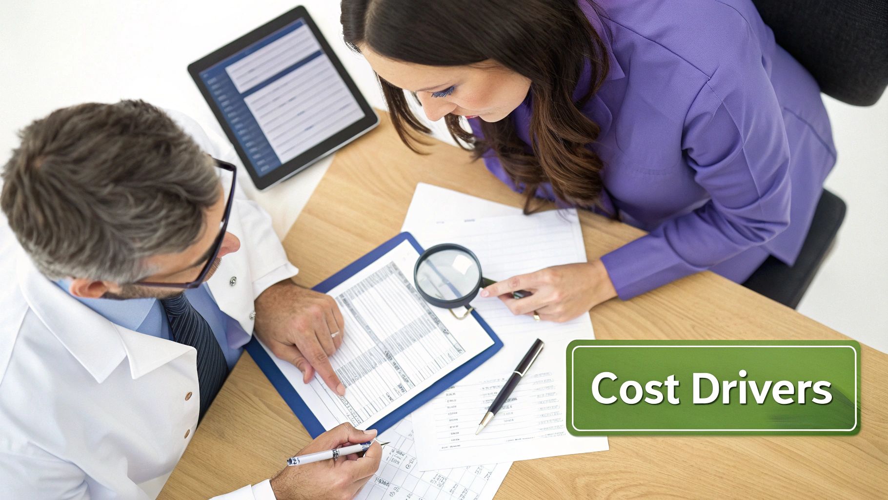 Two professionals review financial documents with a magnifying glass, focusing on cost drivers.