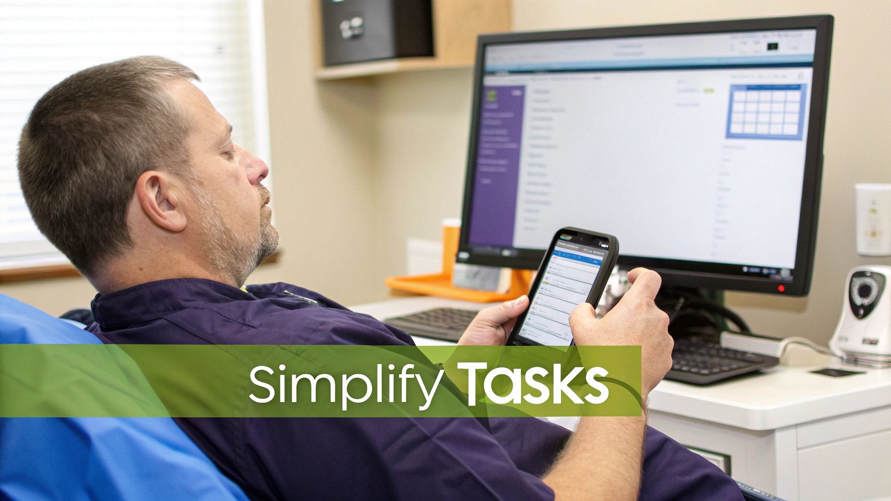 A man in a blue scrub top uses a smartphone, reviewing information with a computer monitor displaying a schedule in the background.