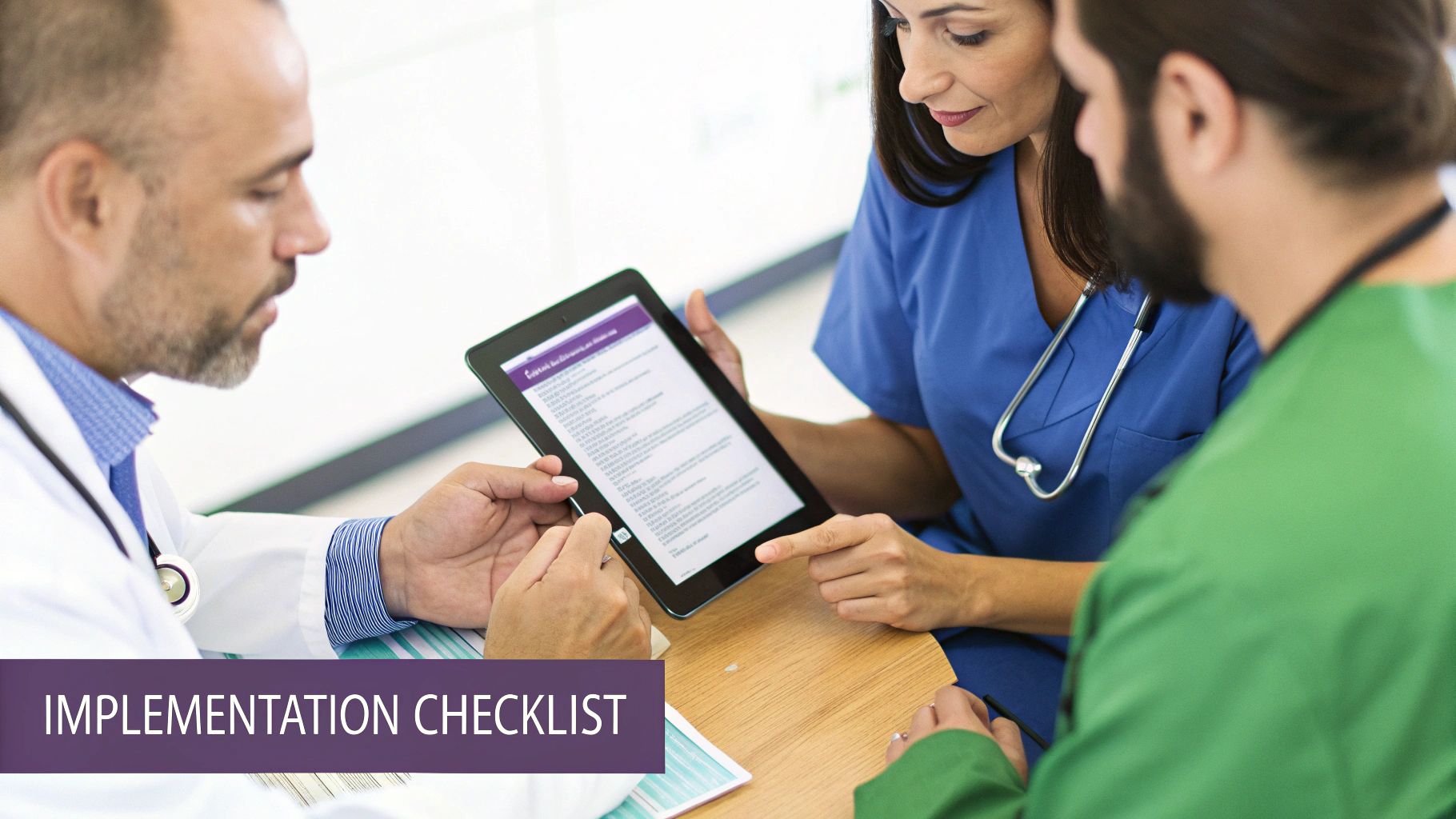 Three medical professionals review an implementation checklist on a tablet, discussing workflow in a clinic.