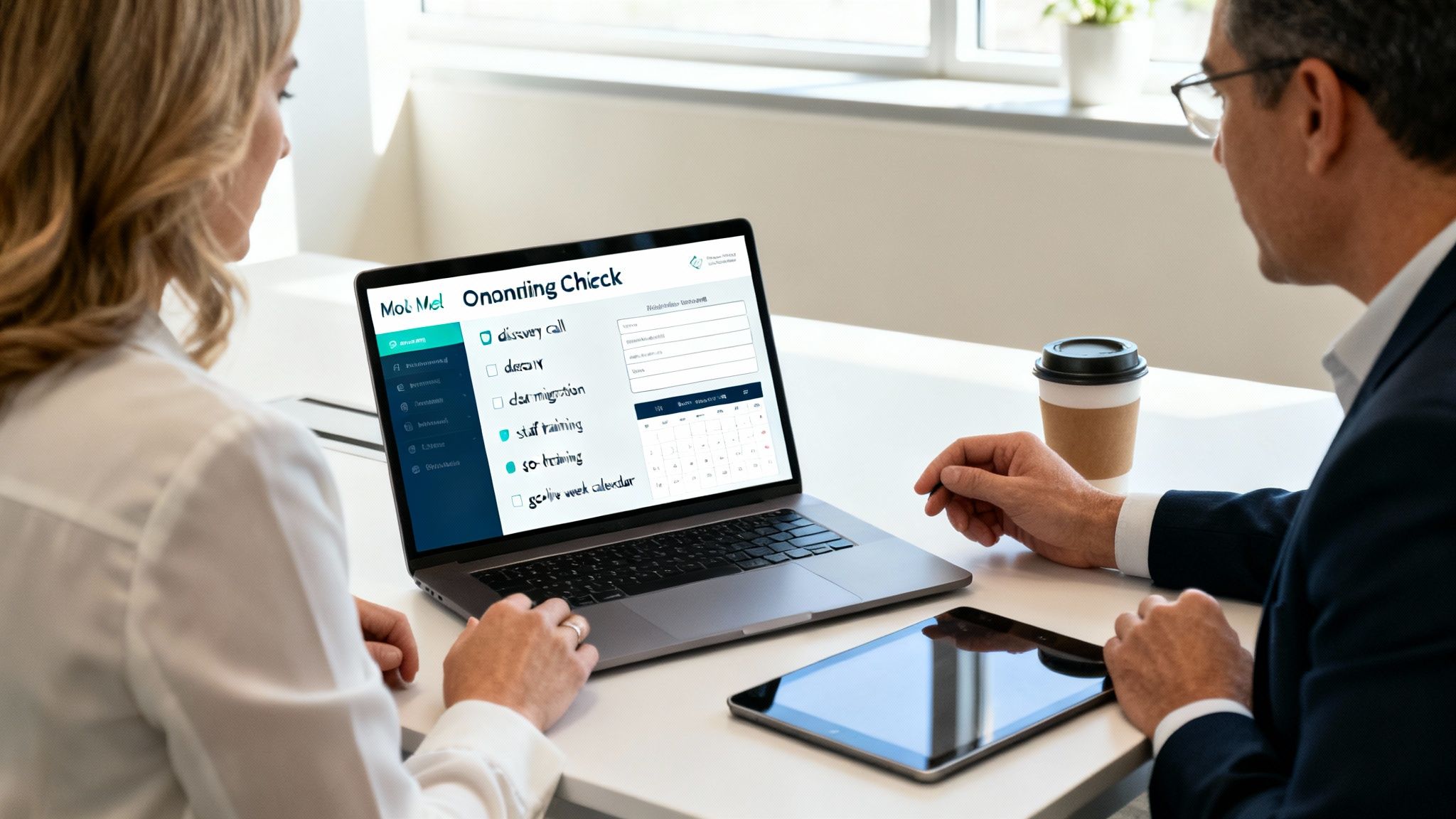 Two professionals collaborate, viewing a laptop screen with an onboarding checklist and calendar.