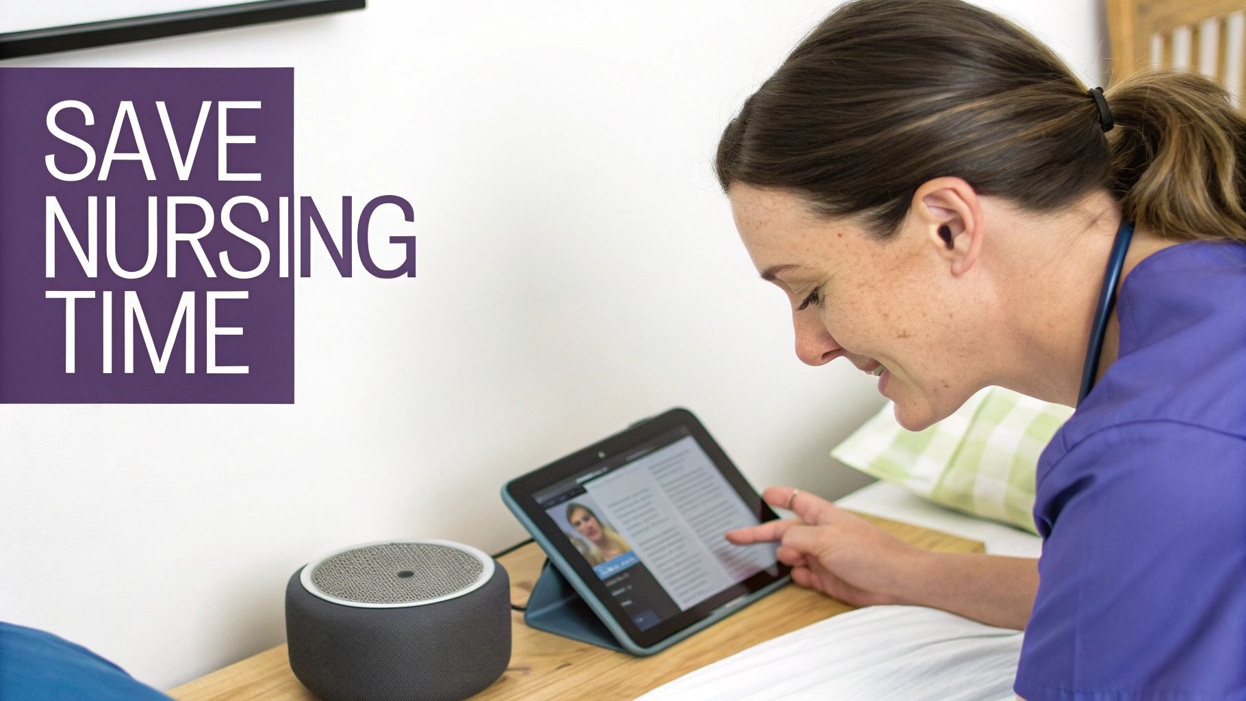 A smiling nurse in purple scrubs efficiently uses a tablet and smart speaker, saving time with healthcare technology.