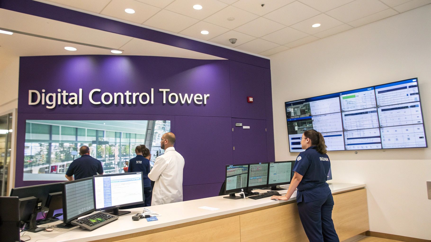 Staff monitor large screens and computers in a modern digital control tower at a hospital.