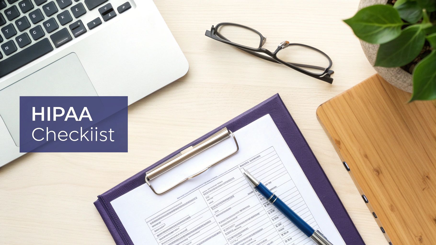 A flat lay of an office desk with a laptop, clipboard, pen, glasses, and a plant, with 'HIPAA Checklist' text.