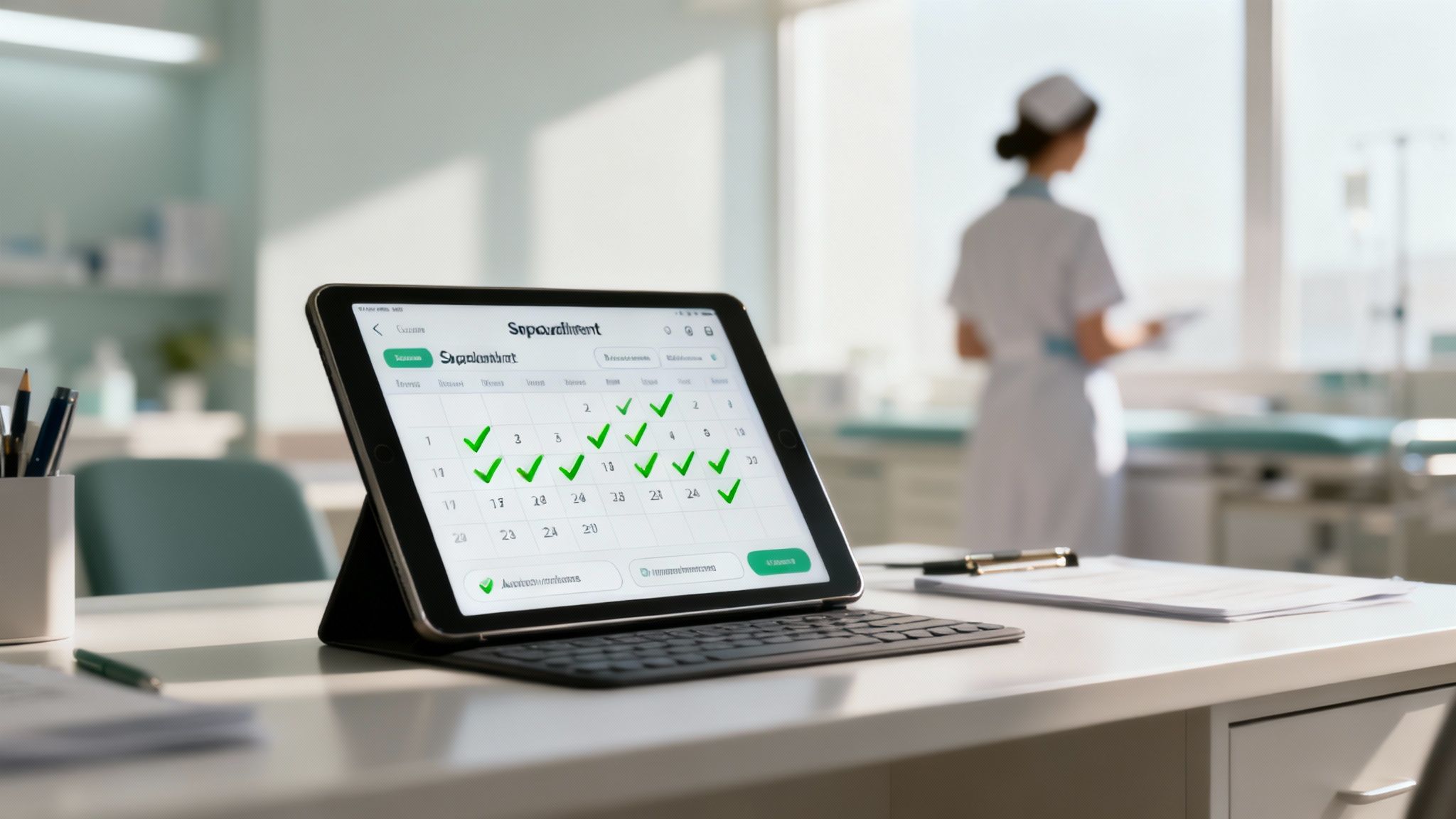 Tablet displaying a medical appointment calendar on a desk in a modern healthcare setting.