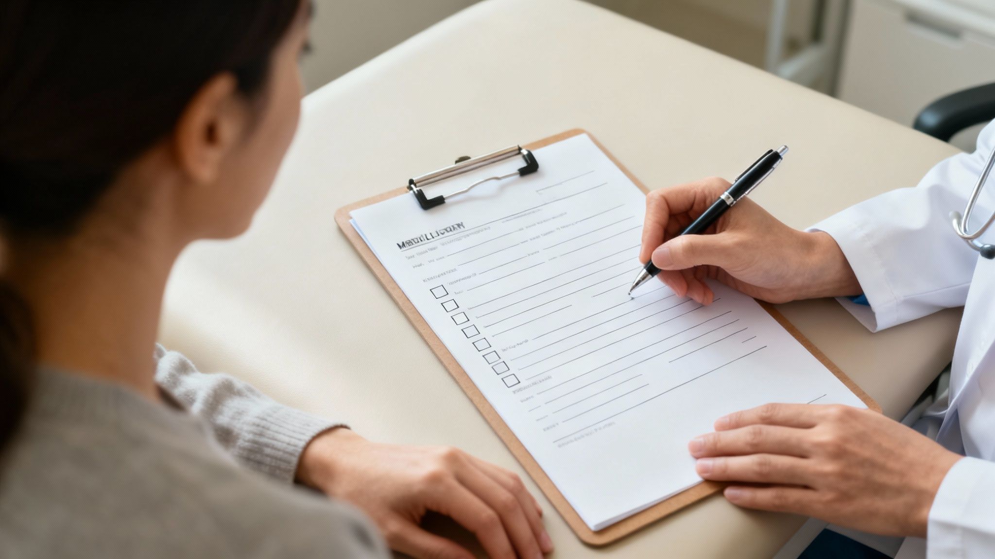 A doctor reviewing a medical history form on a clipboard with a patient.