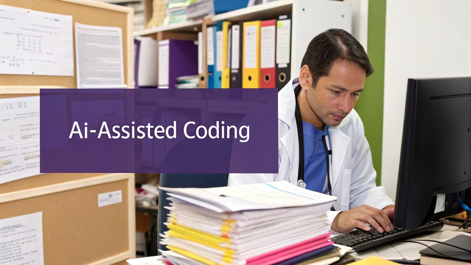 A medical professional works on a computer, with an overlay banner displaying 'Ai-Assisted Coding'.