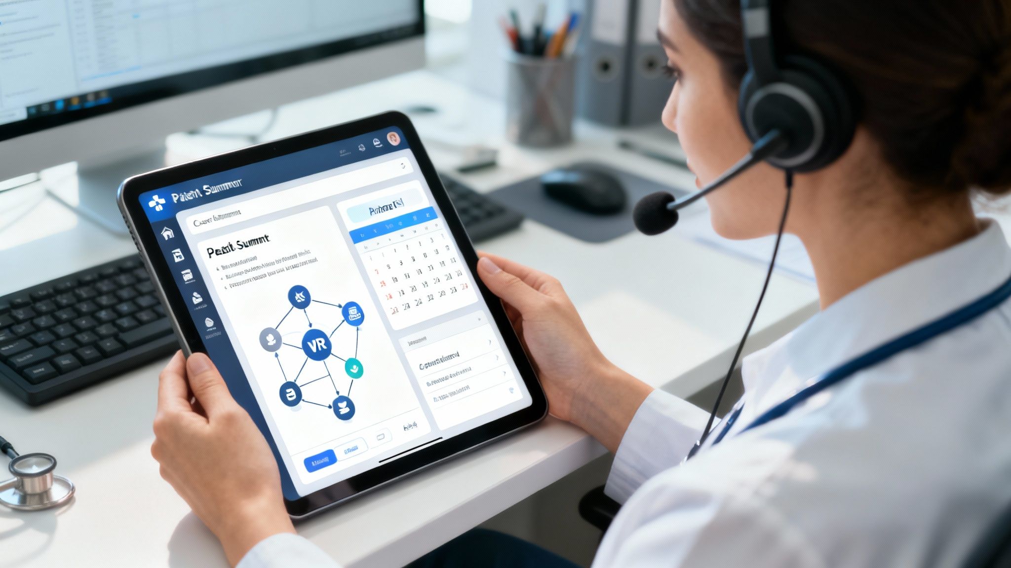 A healthcare call center agent with a headset on, focused on their computer screen which shows patient data.