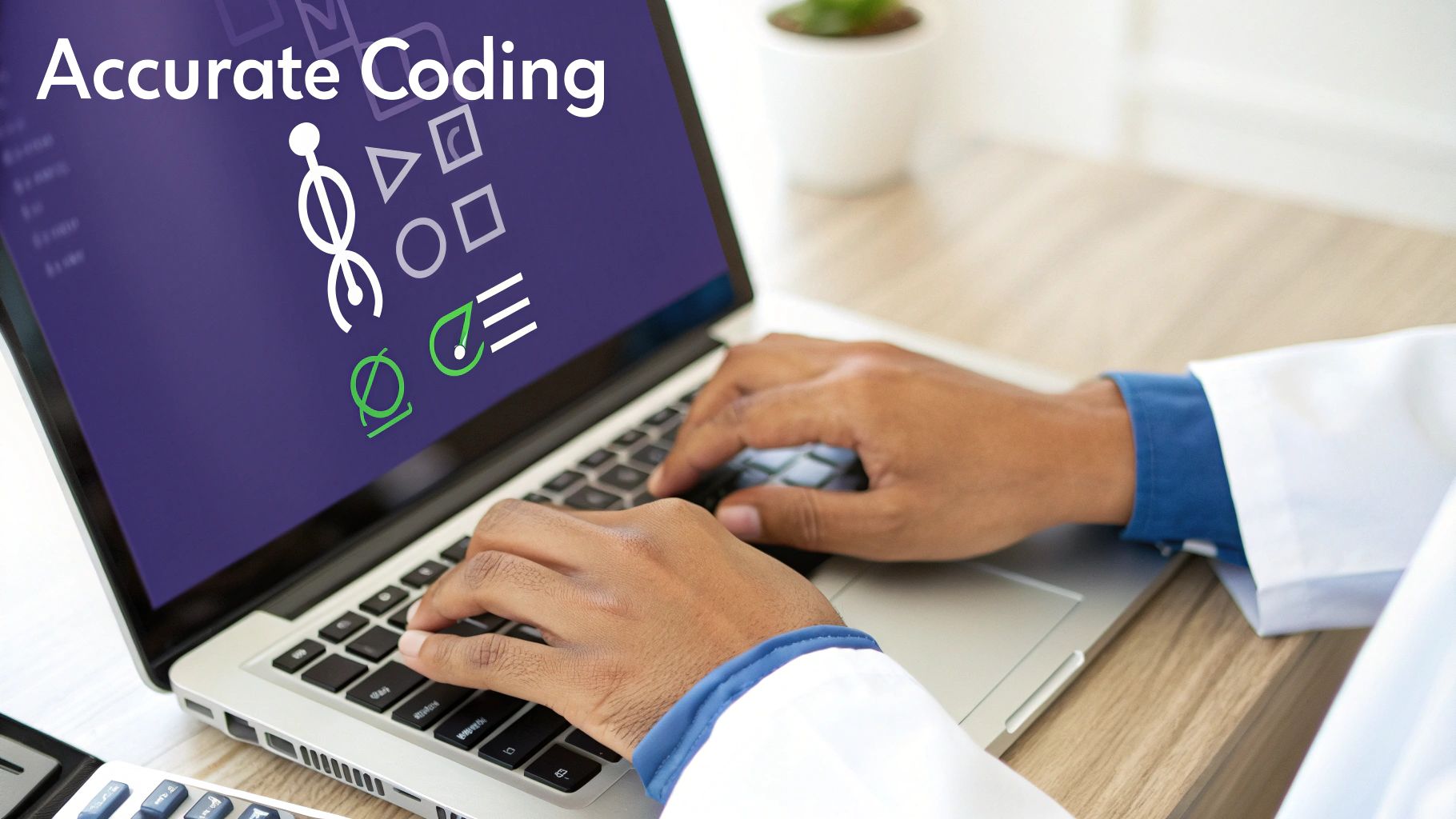 Hands typing on a laptop with 'Accurate Coding' and medical icons on screen, suggesting healthcare data entry.