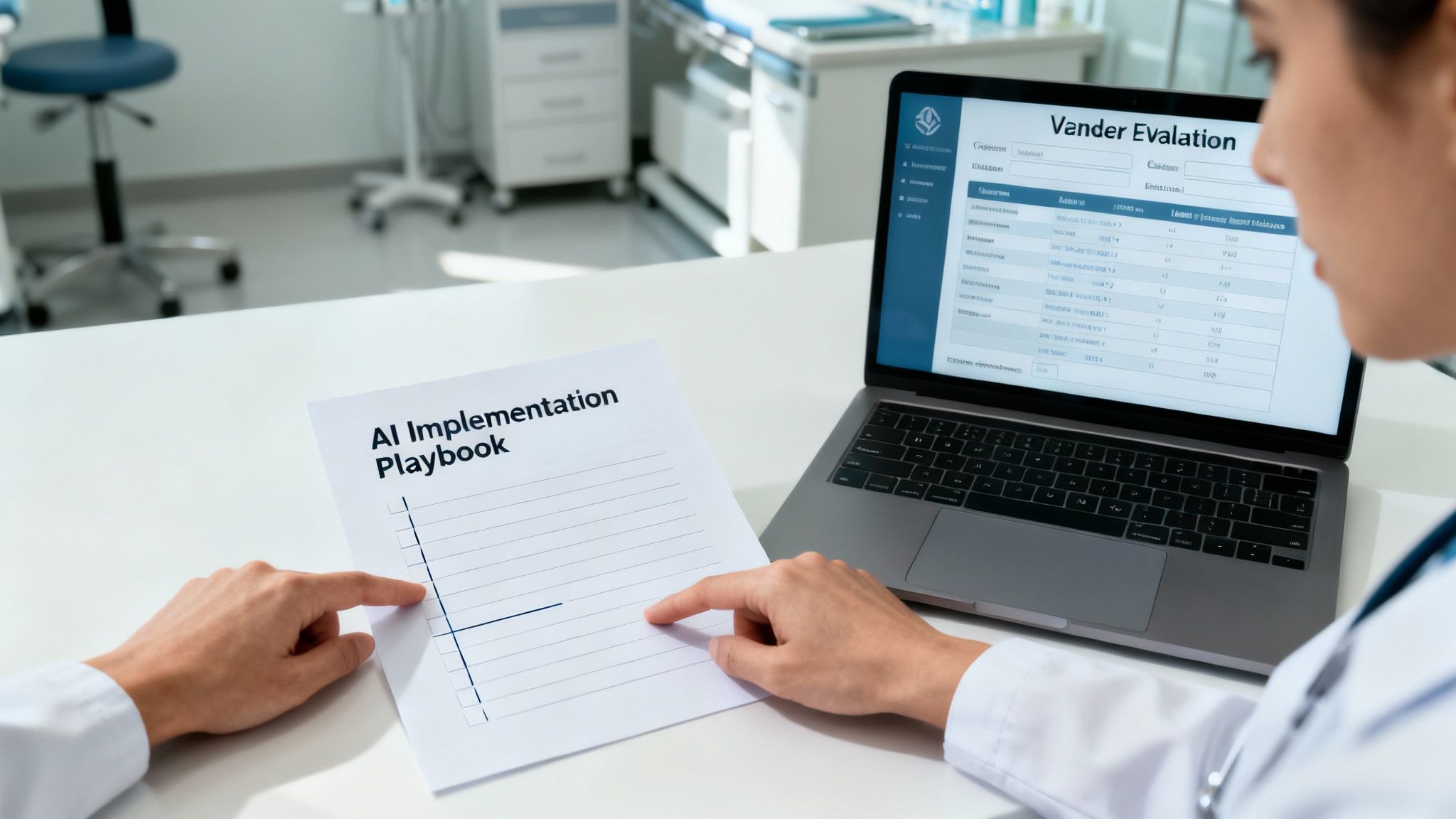 Healthcare professional reviewing AI implementation playbook with vendor evaluation system on laptop screen