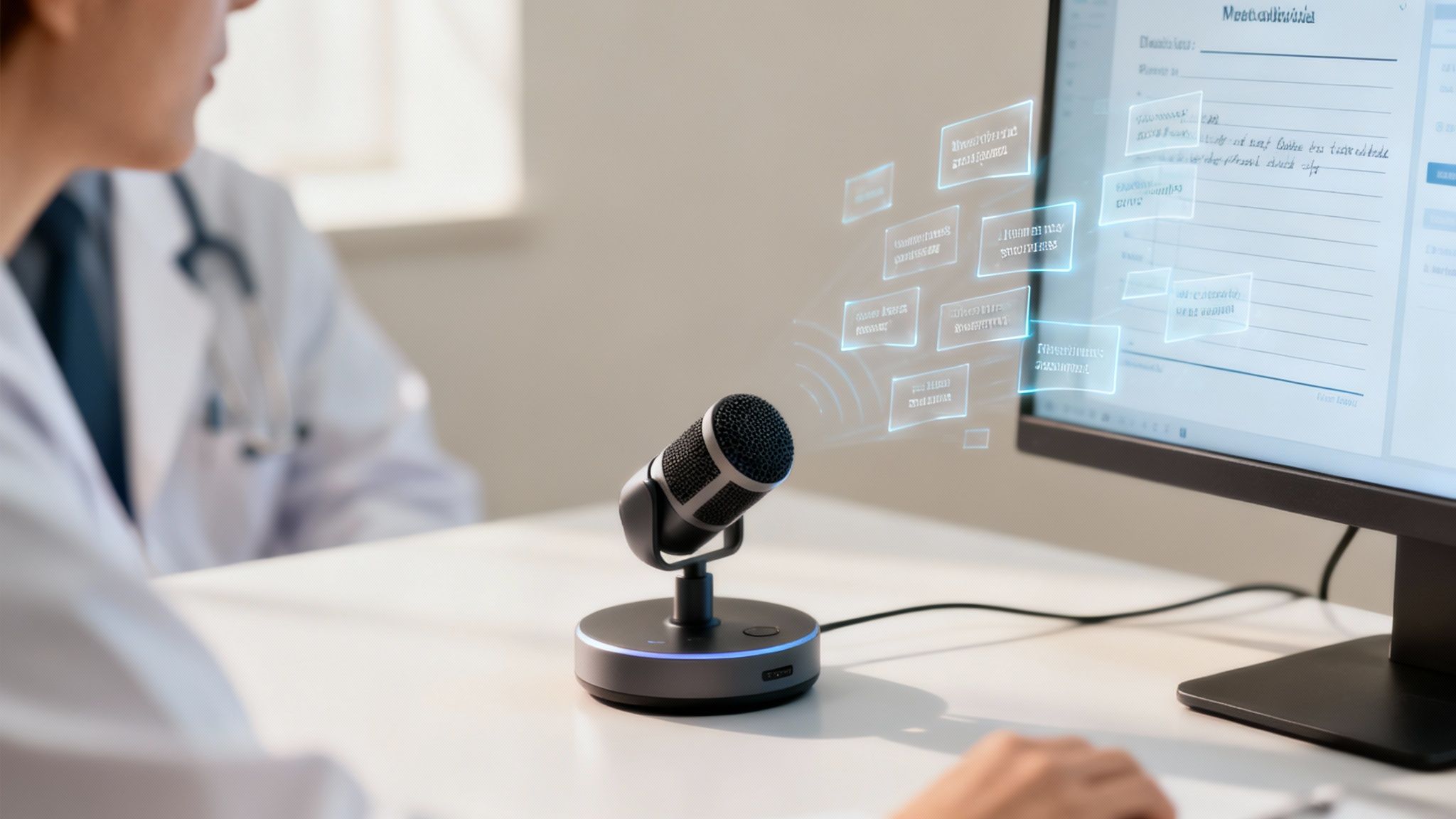 A doctor using AI medical scribe software on a tablet while talking with a patient.