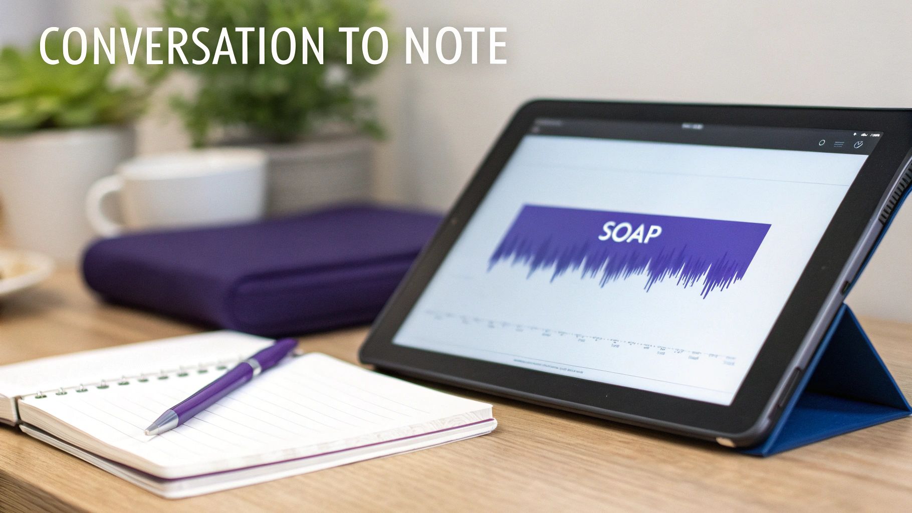 A tablet displays "SOAP" with a waveform, a notebook, and a purple pen on a wooden desk.