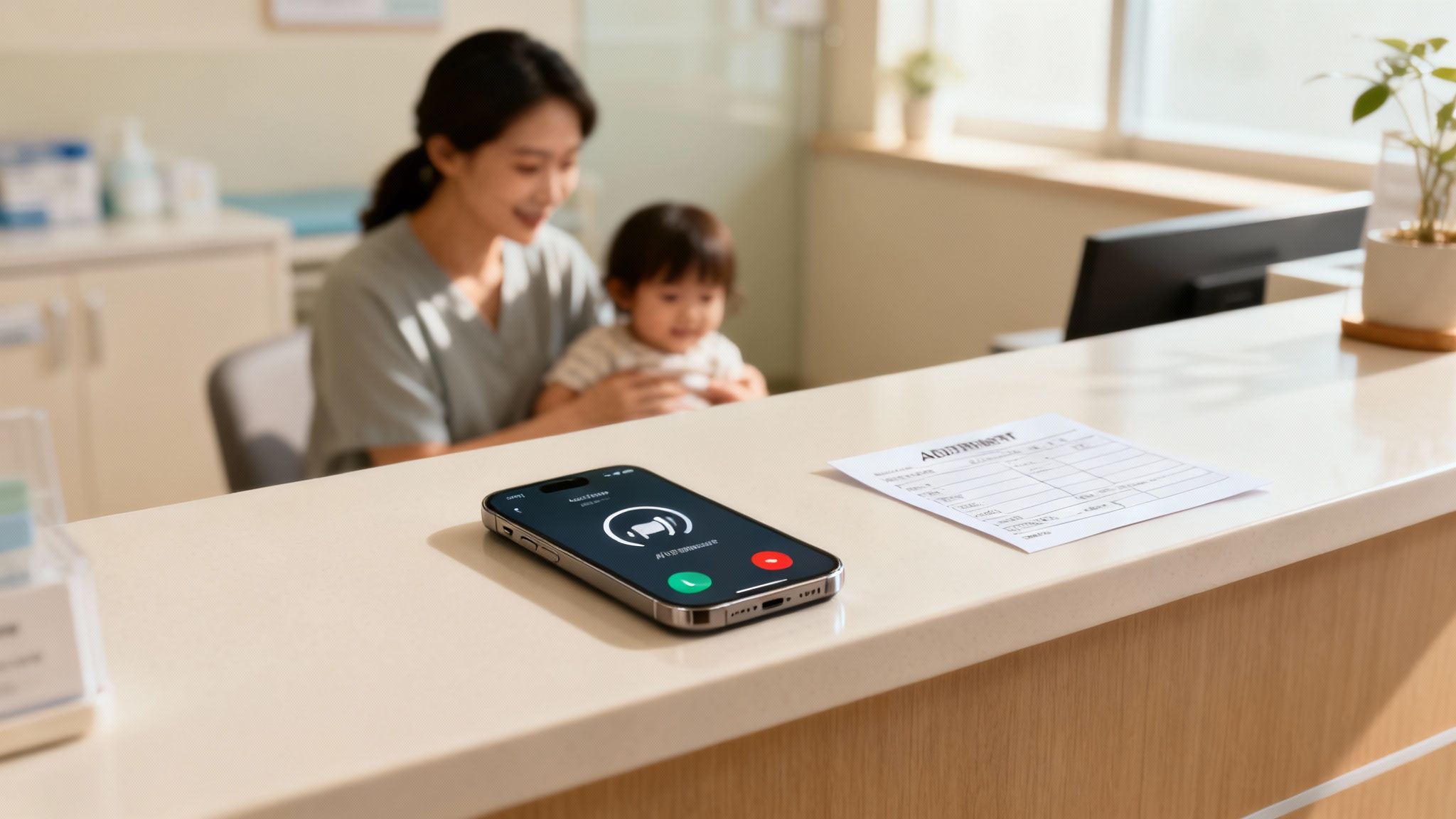 Smartphone displaying incoming call on reception desk with appointment form and mother with child waiting