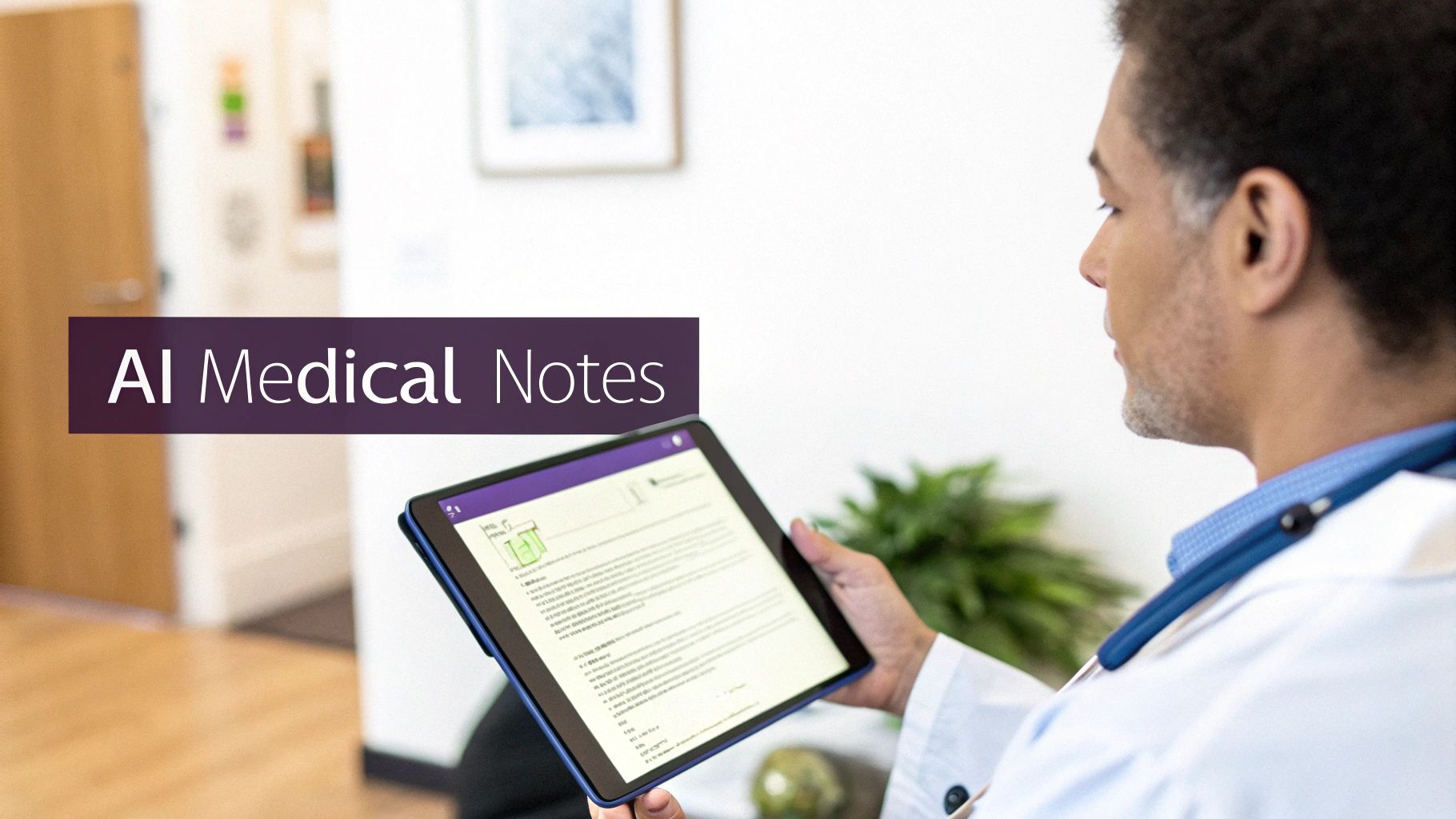 A doctor in a white coat and stethoscope views AI medical notes on a tablet in a modern clinic.