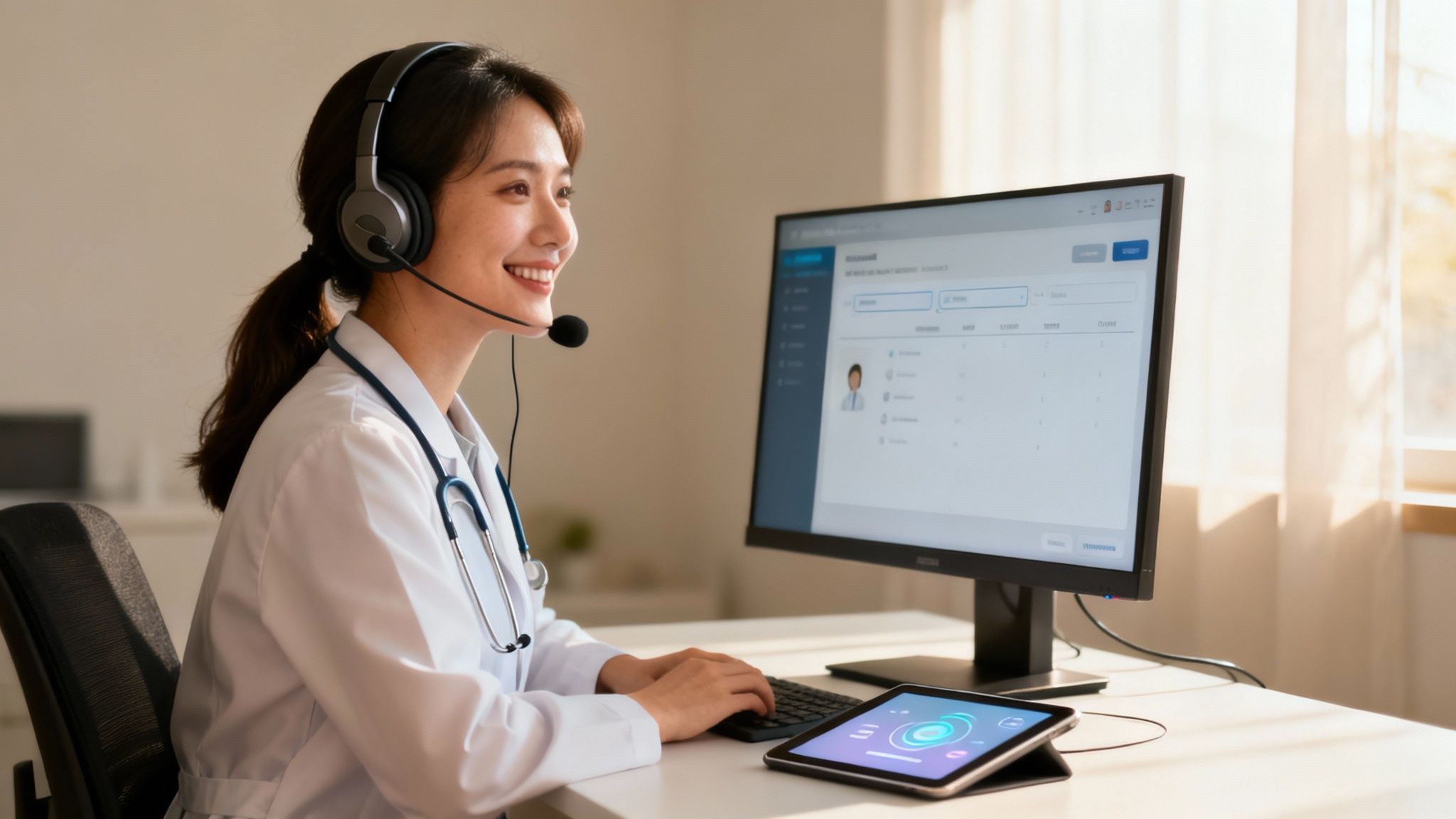 Smiling Asian doctor with headset using computer and tablet for telehealth consultation or support.