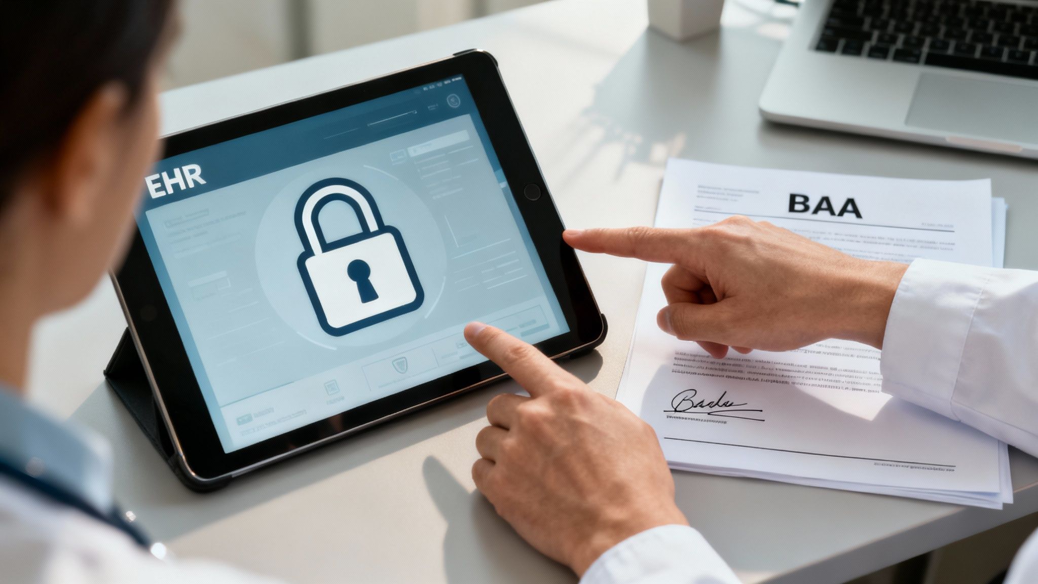 A secure lock icon overlaid on a medical chart, representing HIPAA compliance and EHR security.