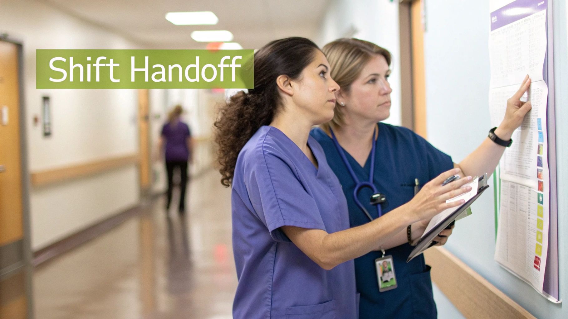 Two nurses in scrubs review patient charts on a hospital wall during a shift handoff.