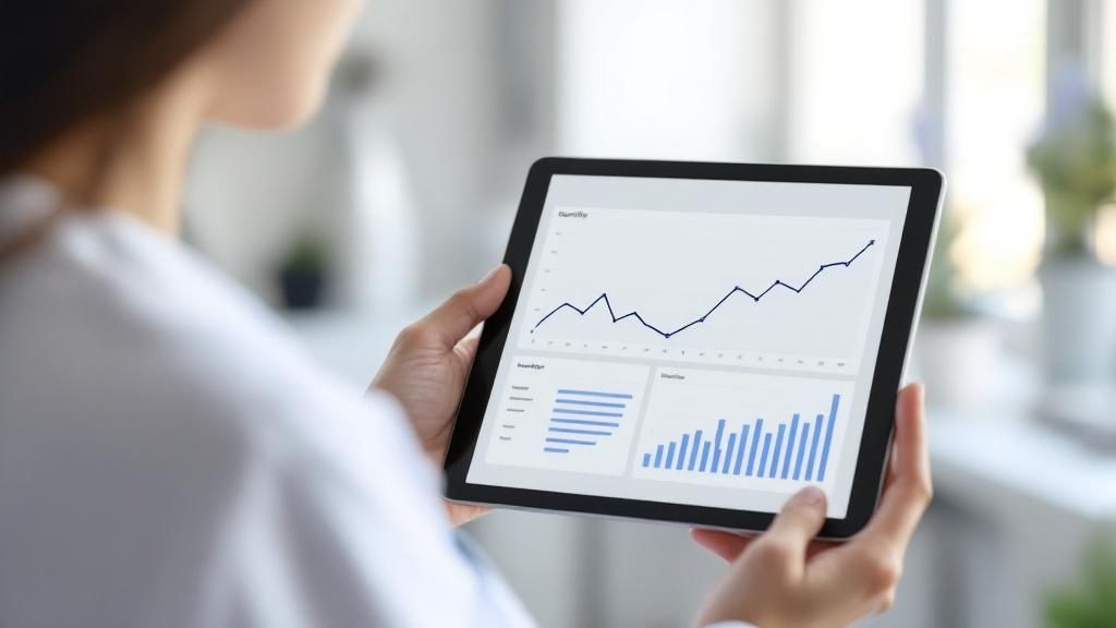 A group of healthcare professionals reviewing charts and data on a large screen, focused on improving processes.