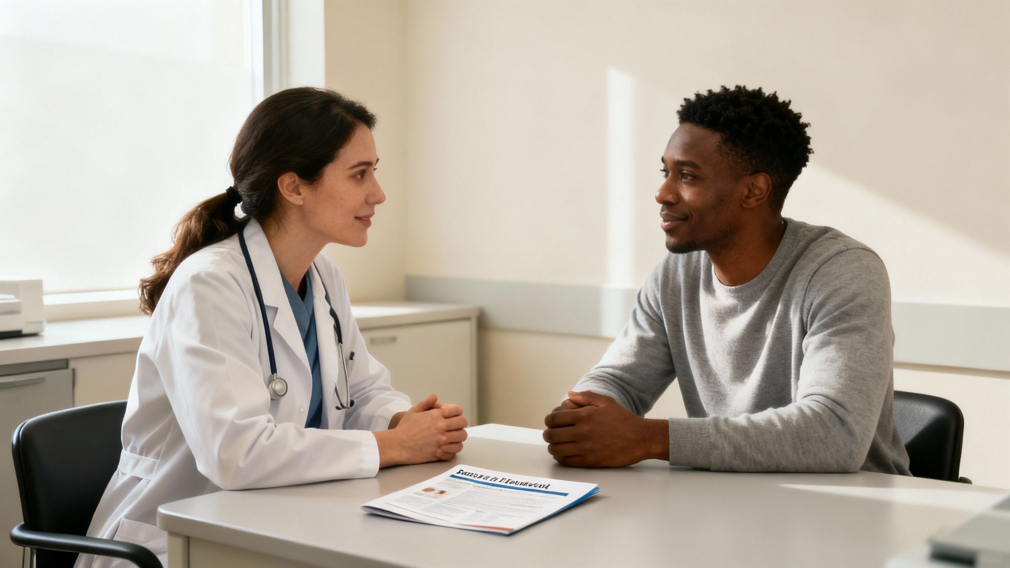 Female doctor having consultation meeting with male patient discussing treatment plan in medical office