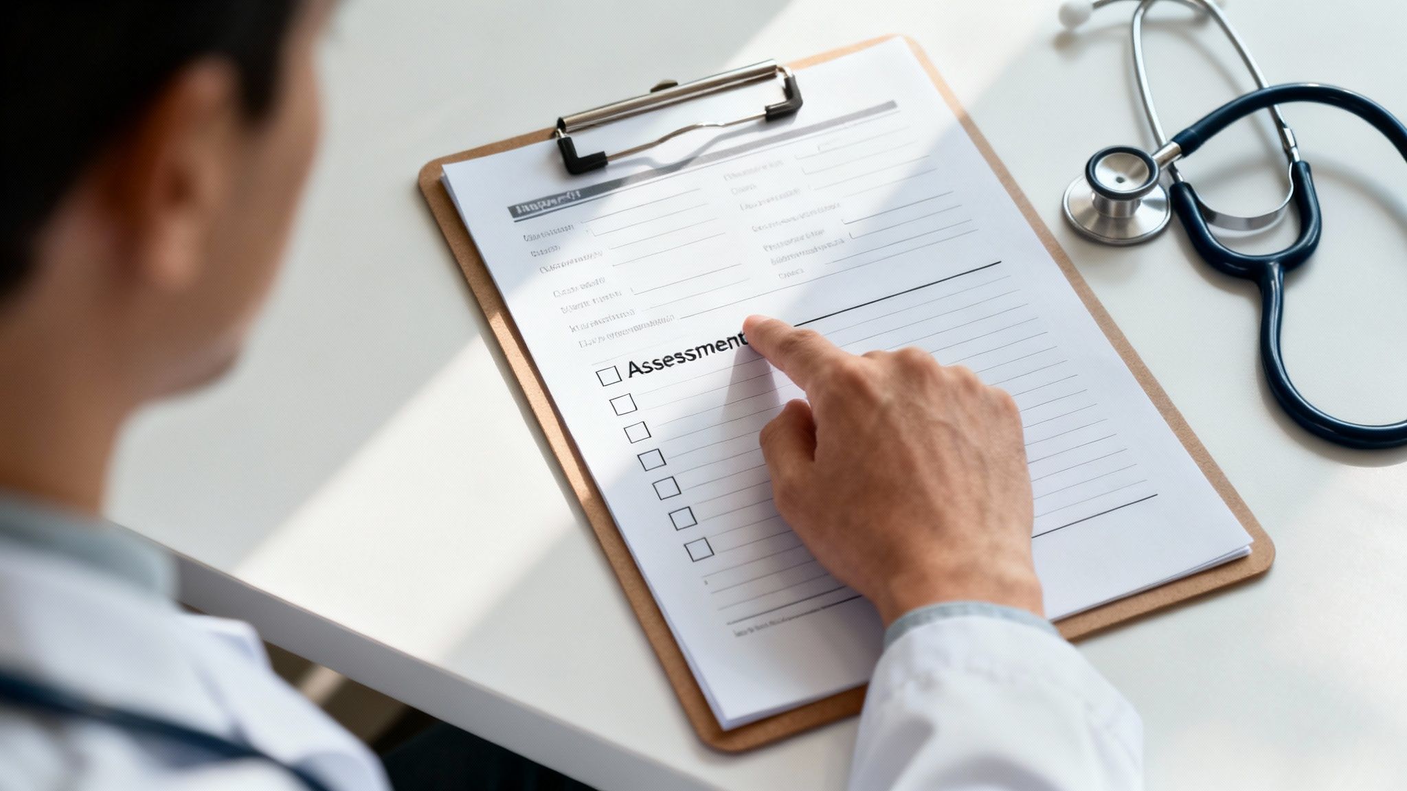A doctor reviewing a medical report on a tablet with a patient in the background