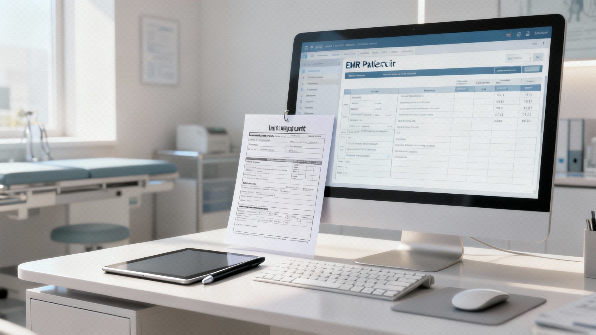 A modern medical office with a desk, computer displaying EMR, tablet, and an examination table in the background.