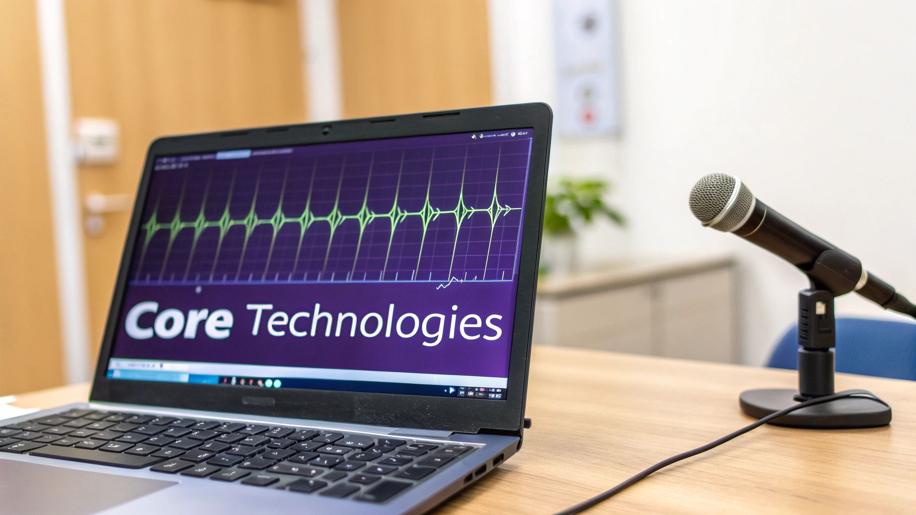 A laptop displaying 'Core Technologies' and a waveform graph next to a microphone on a table.