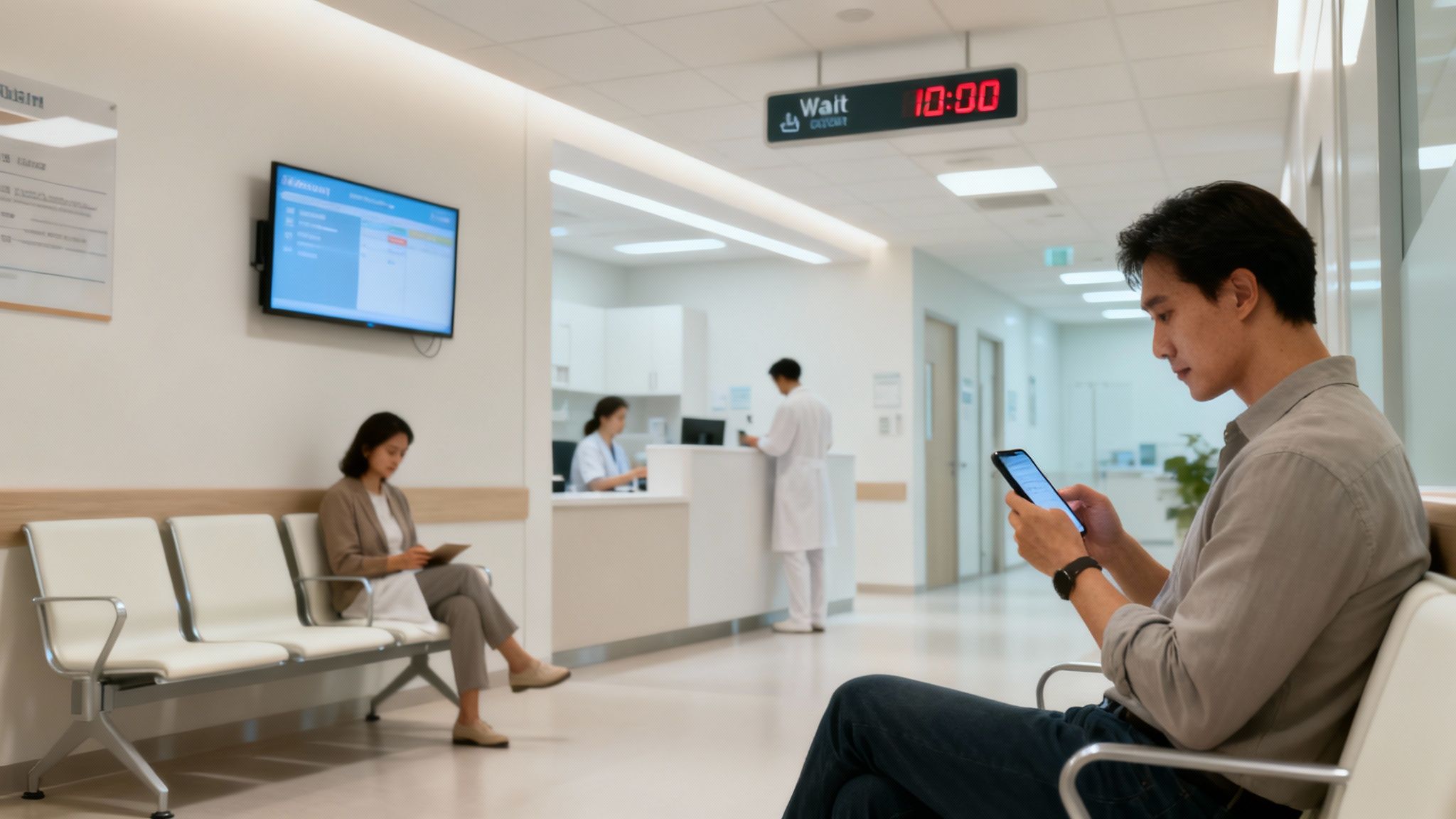 Patient using smartphone in modern hospital waiting room with digital timer display