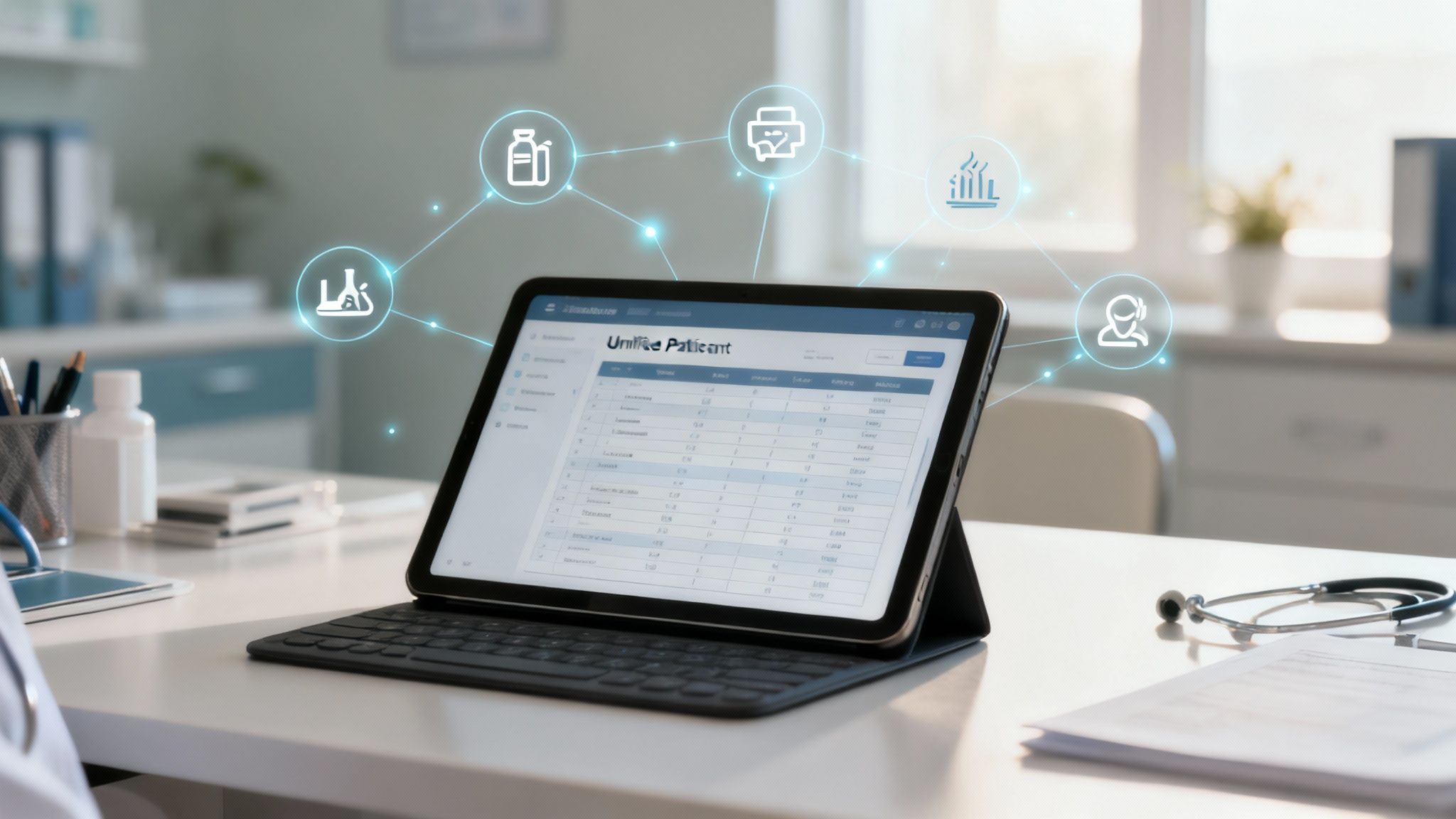 A healthcare professional using a tablet to access integrated patient data