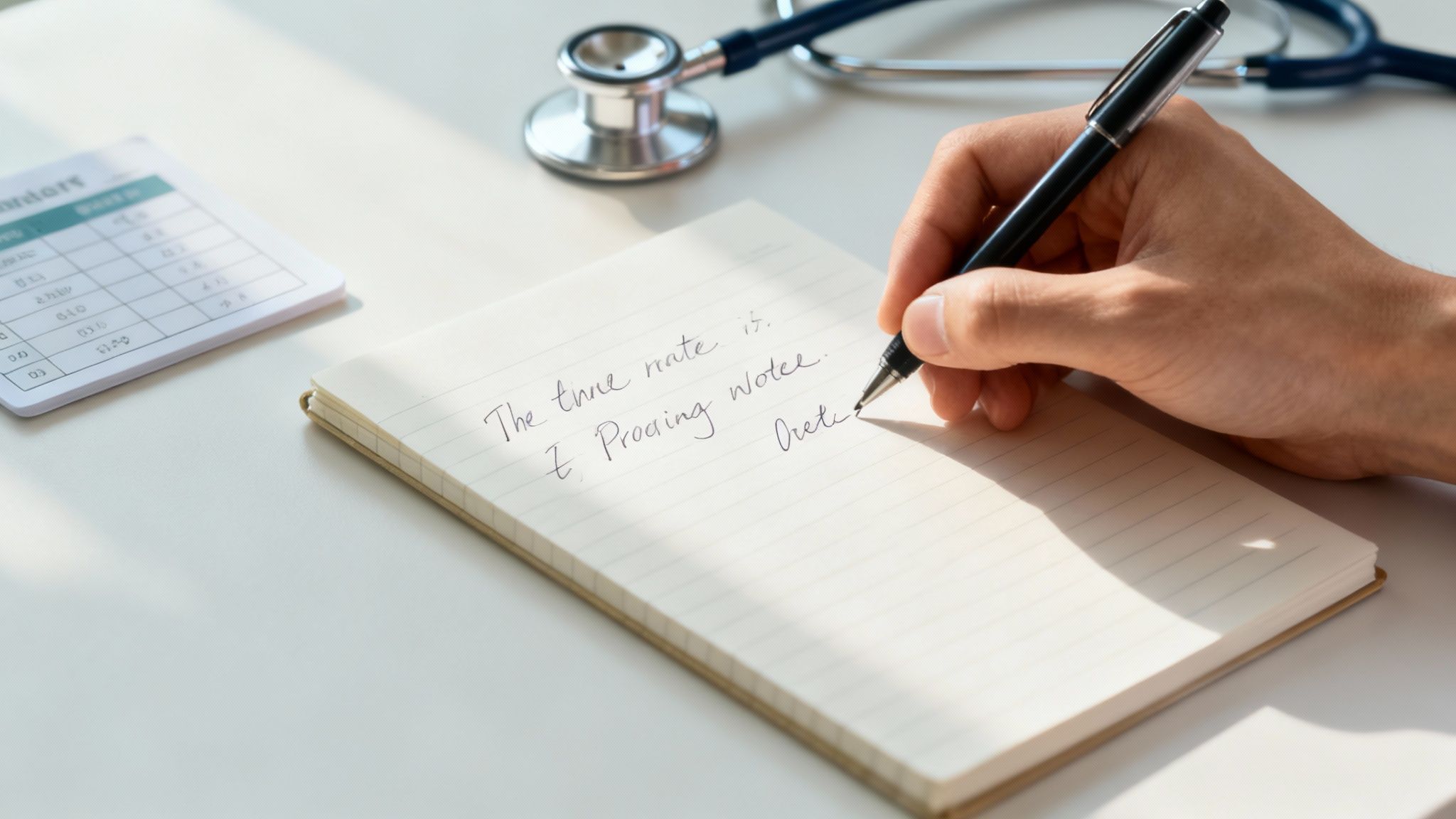 Healthcare professional writing progress notes in notebook with stethoscope and medical chart on desk