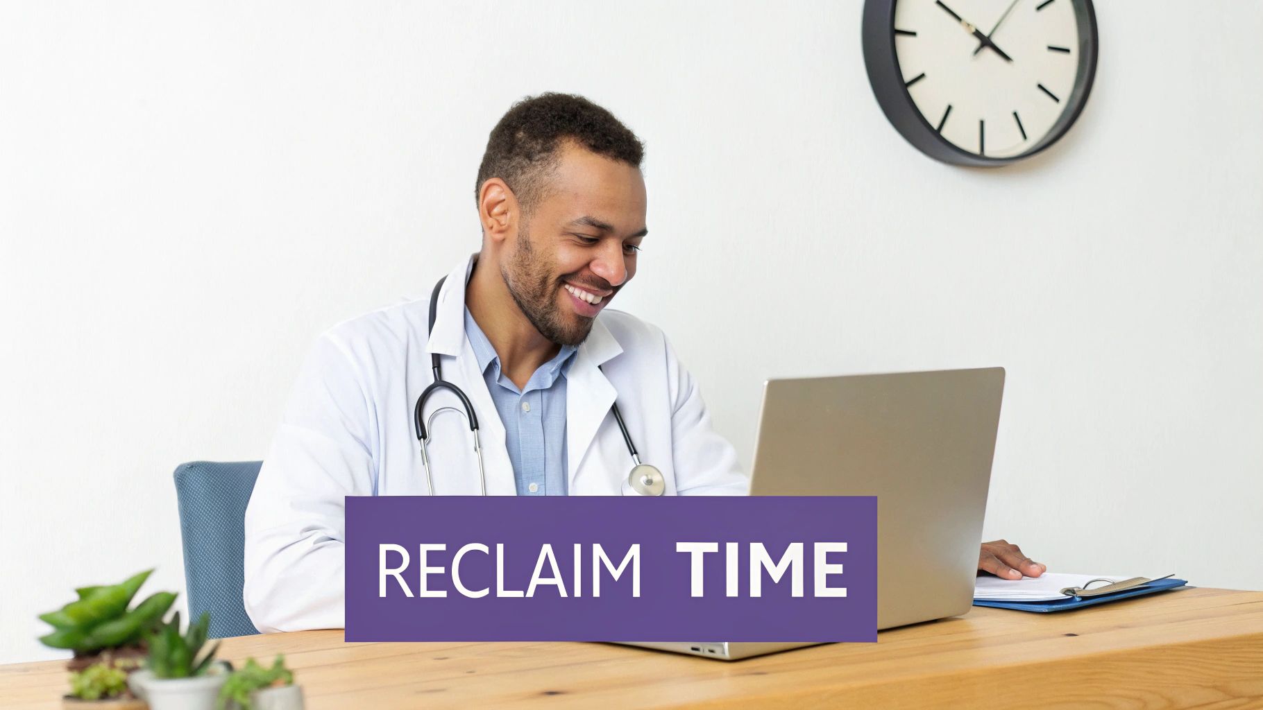 A smiling male doctor in a lab coat looks at a laptop with a 'RECLAIM TIME' banner, showing efficient healthcare.