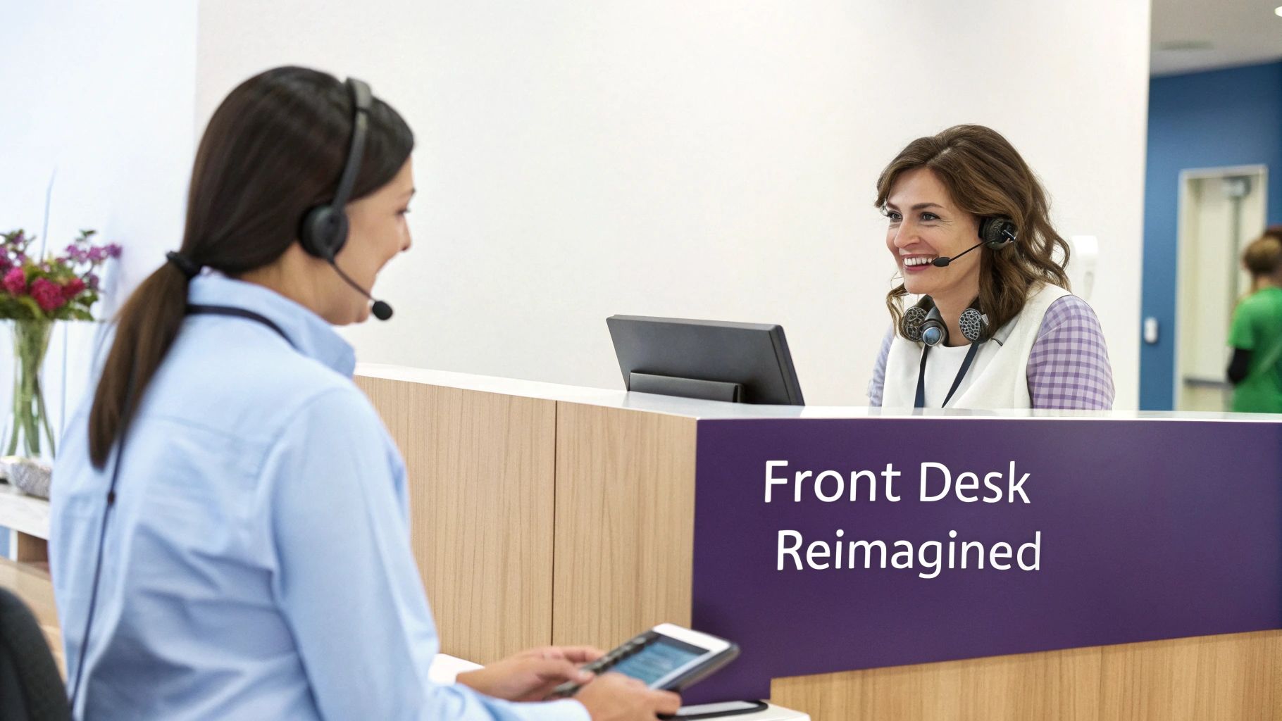Two smiling women with headsets at a modern reception desk, offering excellent service.