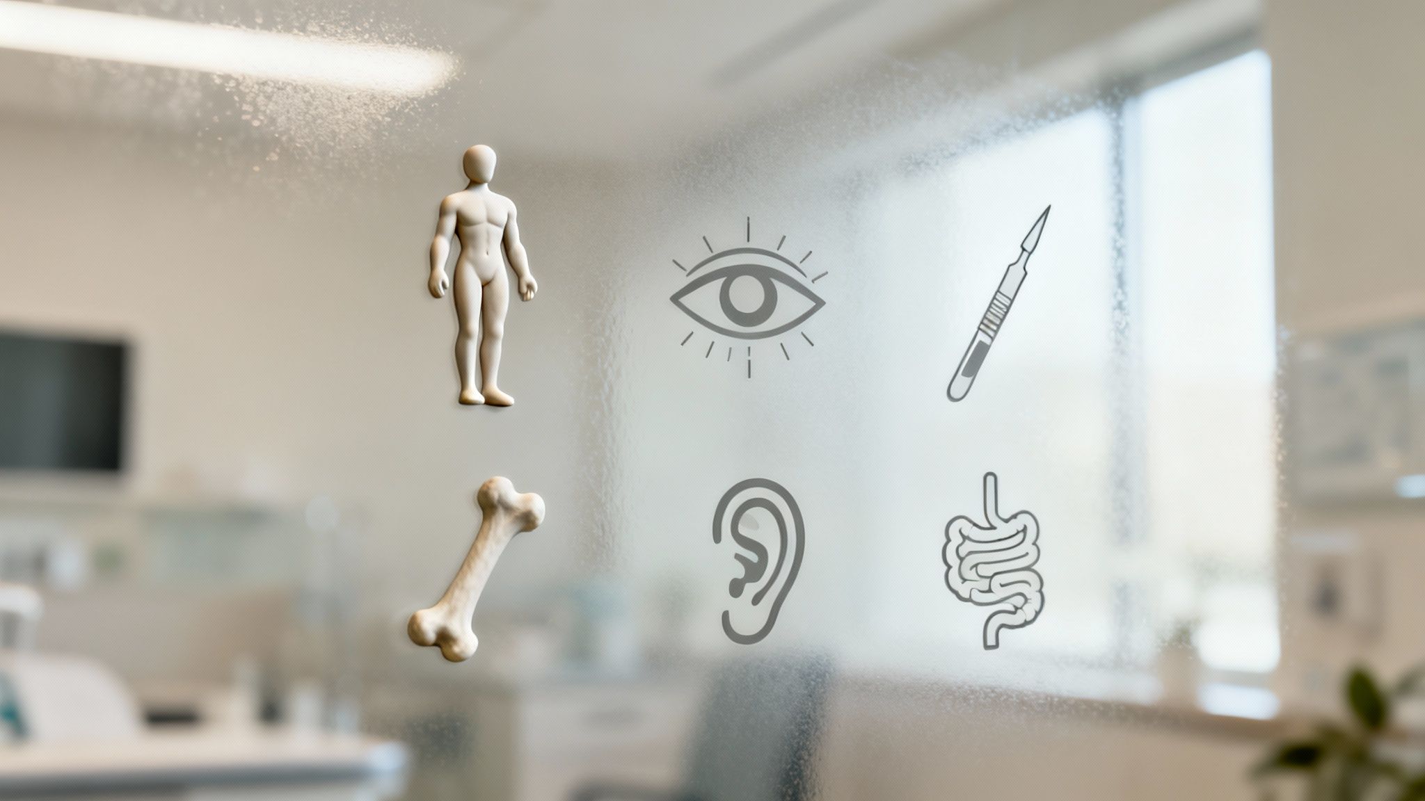 Medical symbols and a human anatomy model displayed on a transparent screen in a doctor's office.