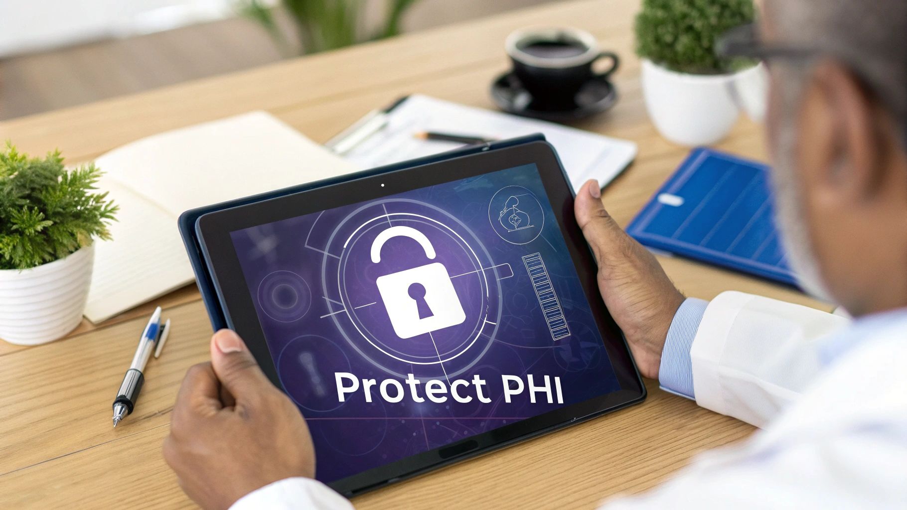 A healthcare professional holds a tablet displaying 'Protect PHI' and a padlock icon, emphasizing data security.