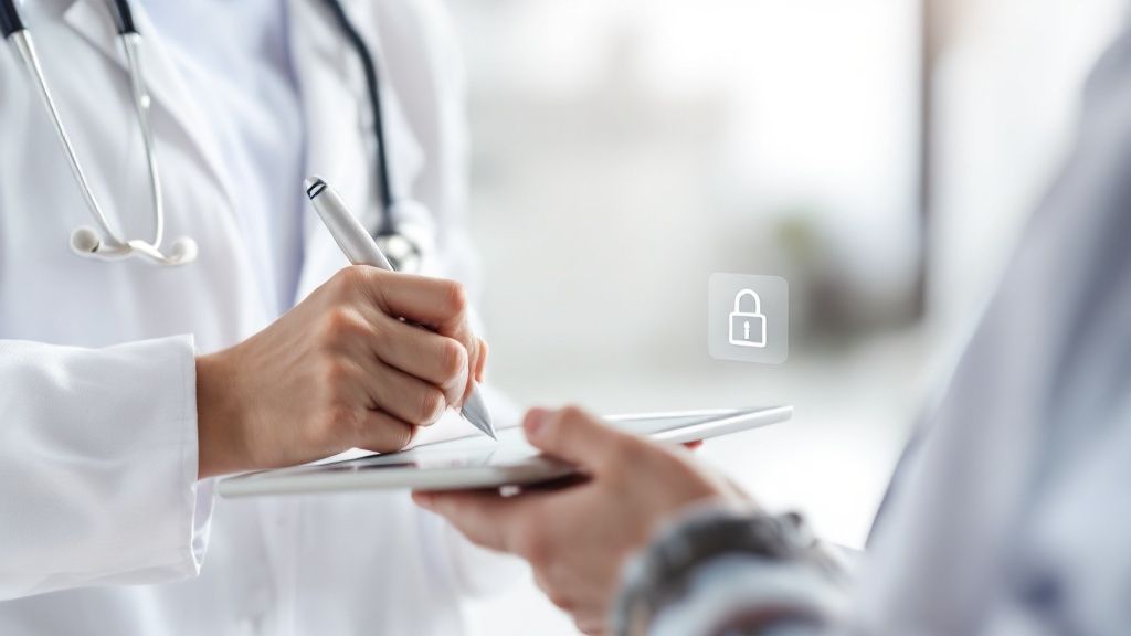 A doctor reviewing patient notes on a tablet, symbolizing the shift to digital documentation.