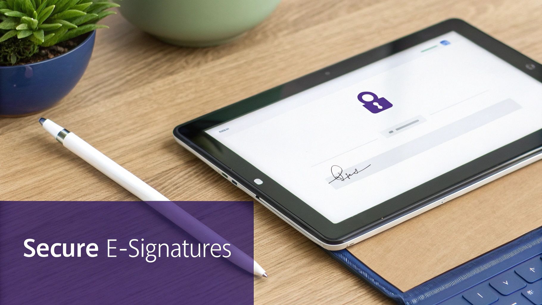 A tablet displays a secure e-signature document with a padlock icon and a digital signature, alongside a stylus pen.