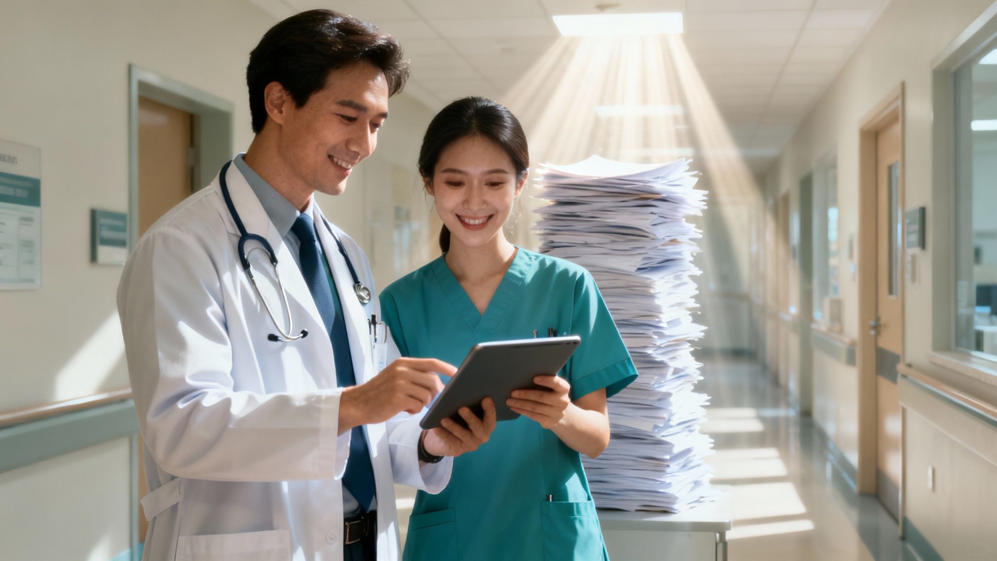 An illustration showing a healthcare professional using a tablet, with automated process icons in the background.