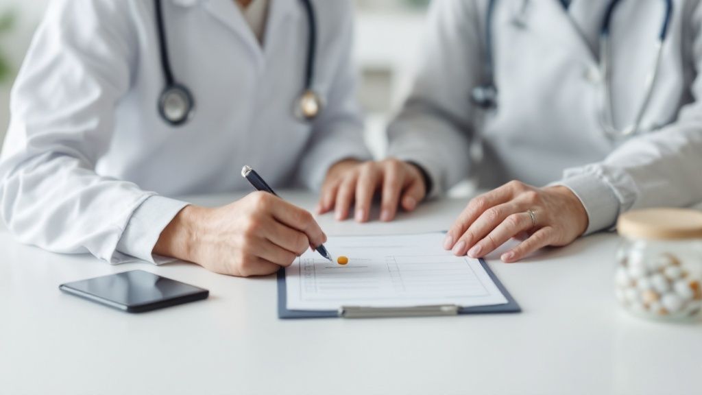 A healthcare professional reviewing a patient's medication list with them on a tablet.