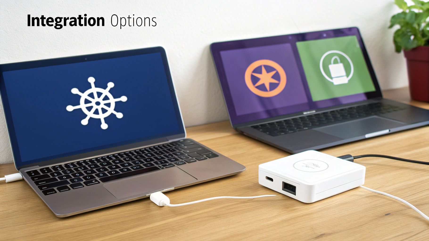 Two laptops on a wooden desk displaying integration options with Kubernetes and other software logos.