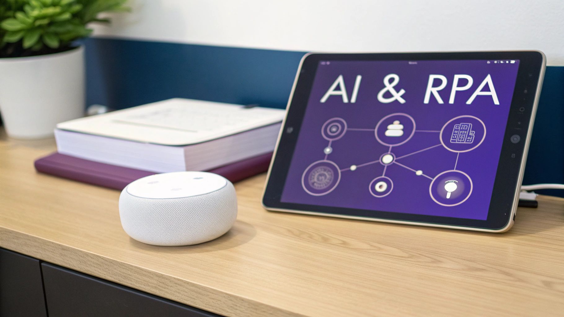 A smart speaker and tablet displaying 'AI & RPA' on a wooden desk with books and a plant.