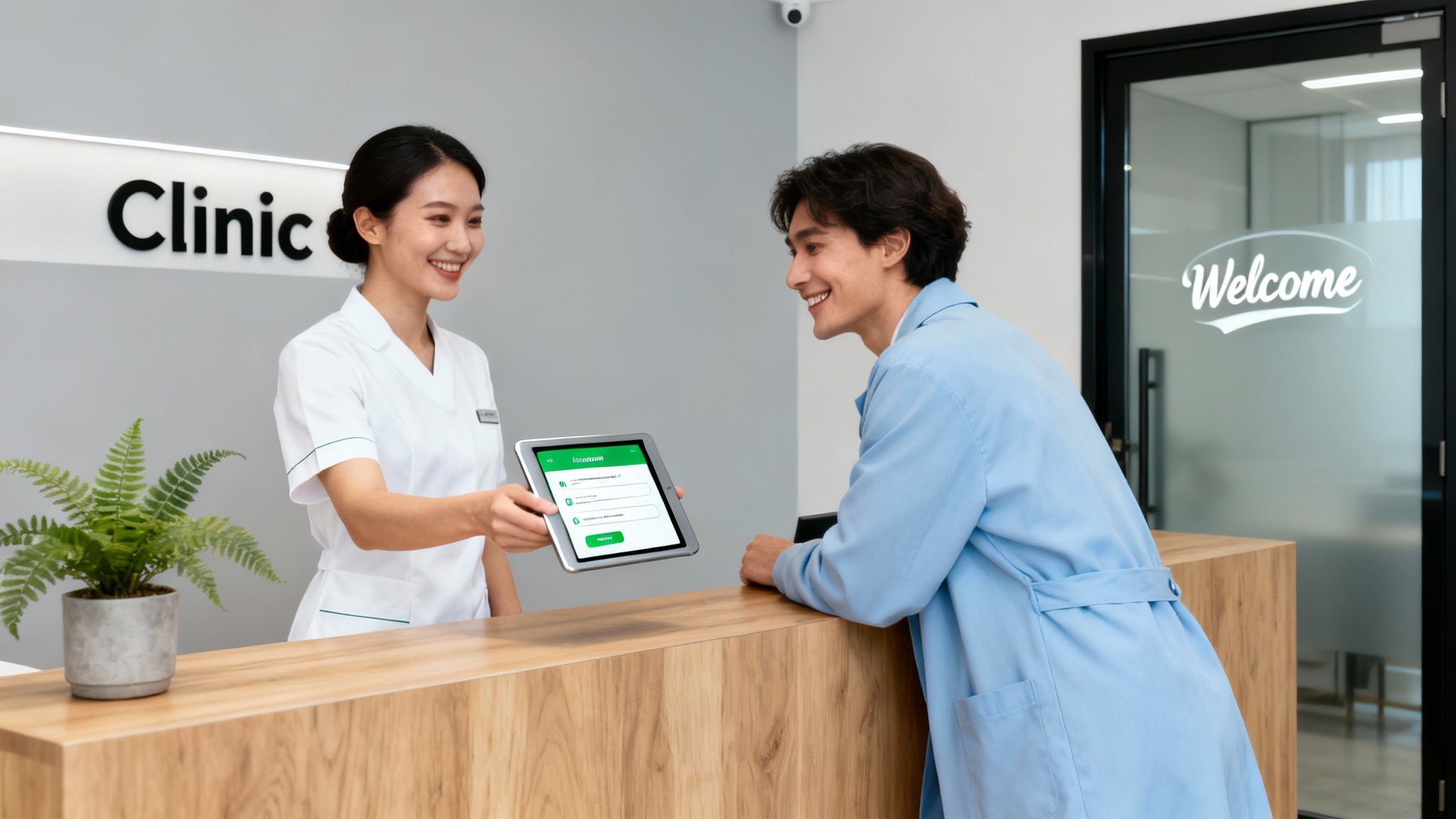 Two healthcare professionals warmly discussing a patient's chart in a clinic hallway.