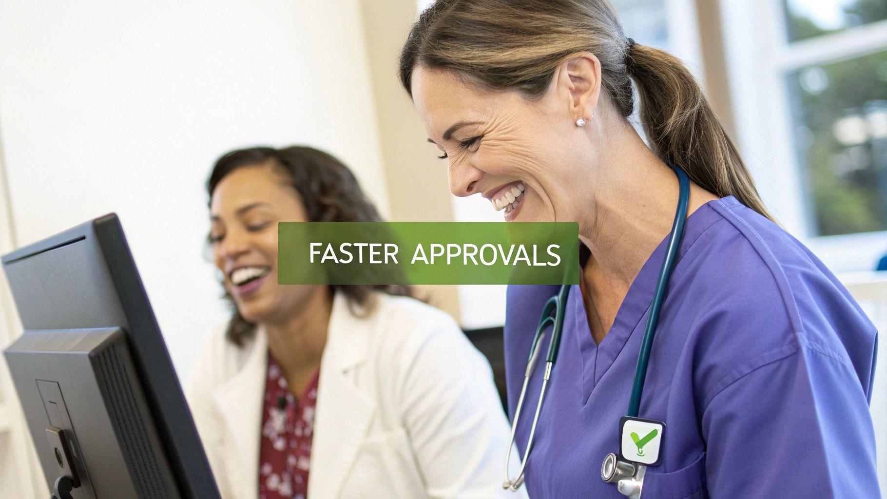 Two smiling healthcare professionals, one in scrubs, looking at a computer screen in a medical office.