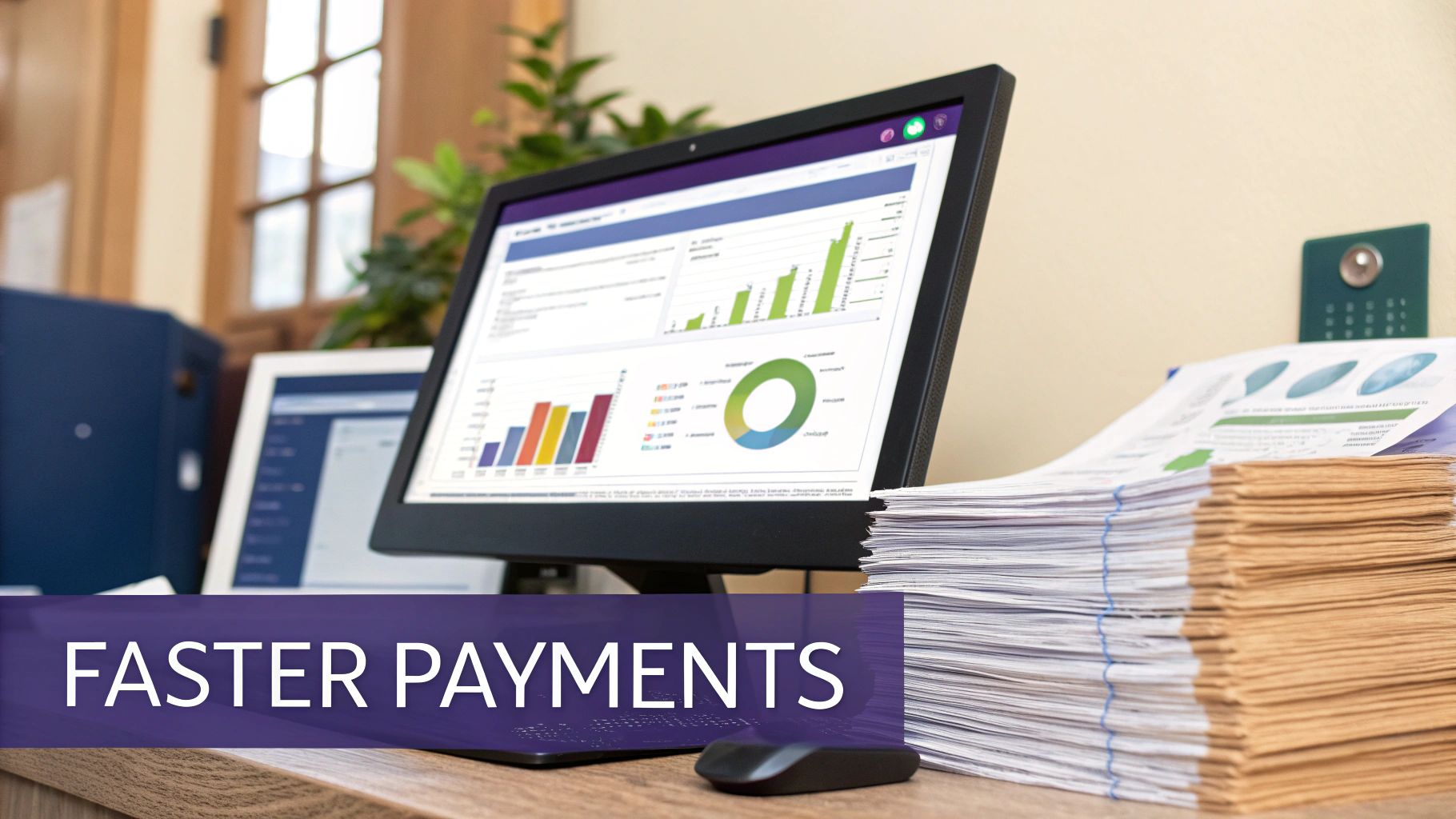 A desk with a computer displaying financial charts, stacks of paper, and a mouse, featuring 'Faster Payments' text.