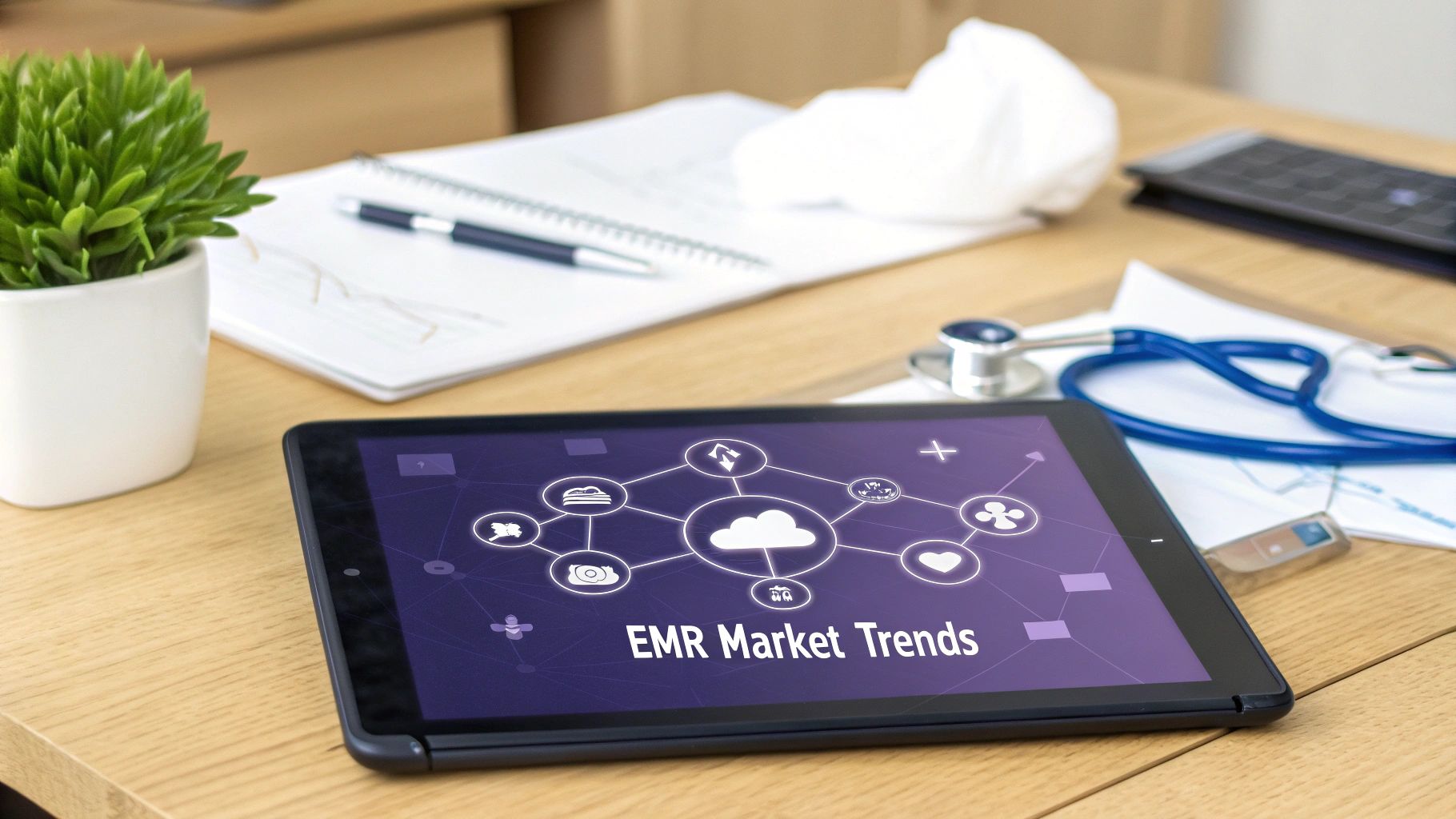 A tablet displays 'EMR Market Trends' with a cloud network, alongside a stethoscope and office supplies.