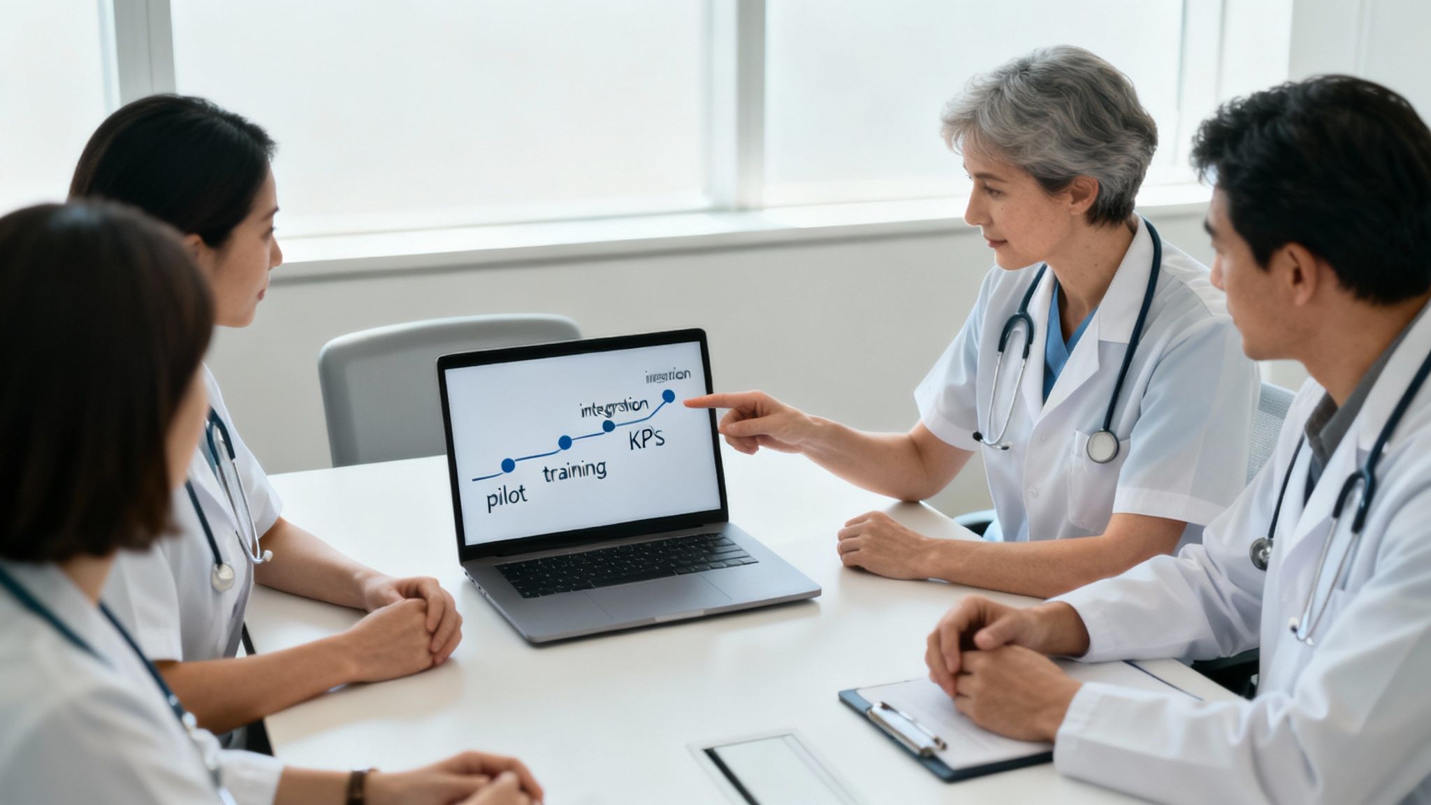 A team of medical professionals collaborating around a screen, planning an implementation.