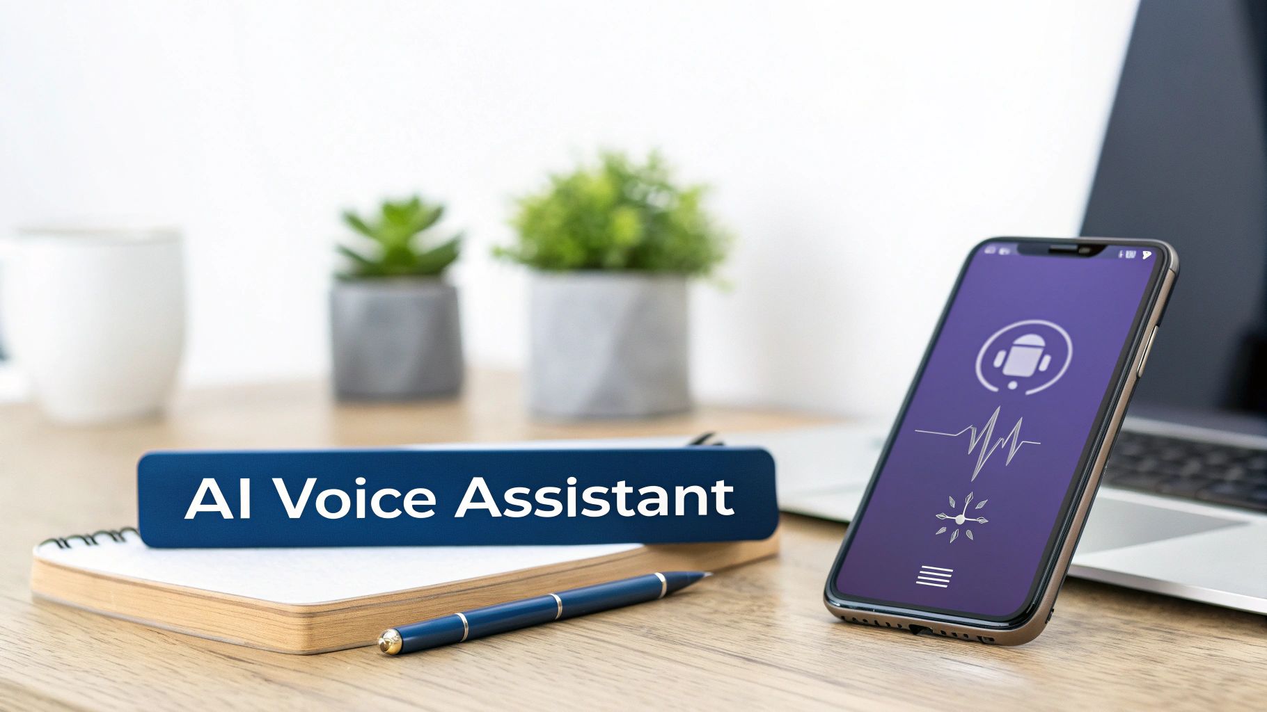 A smartphone displaying an AI voice assistant app, with a plaque saying 'AI Voice Assistant' on a wooden desk.