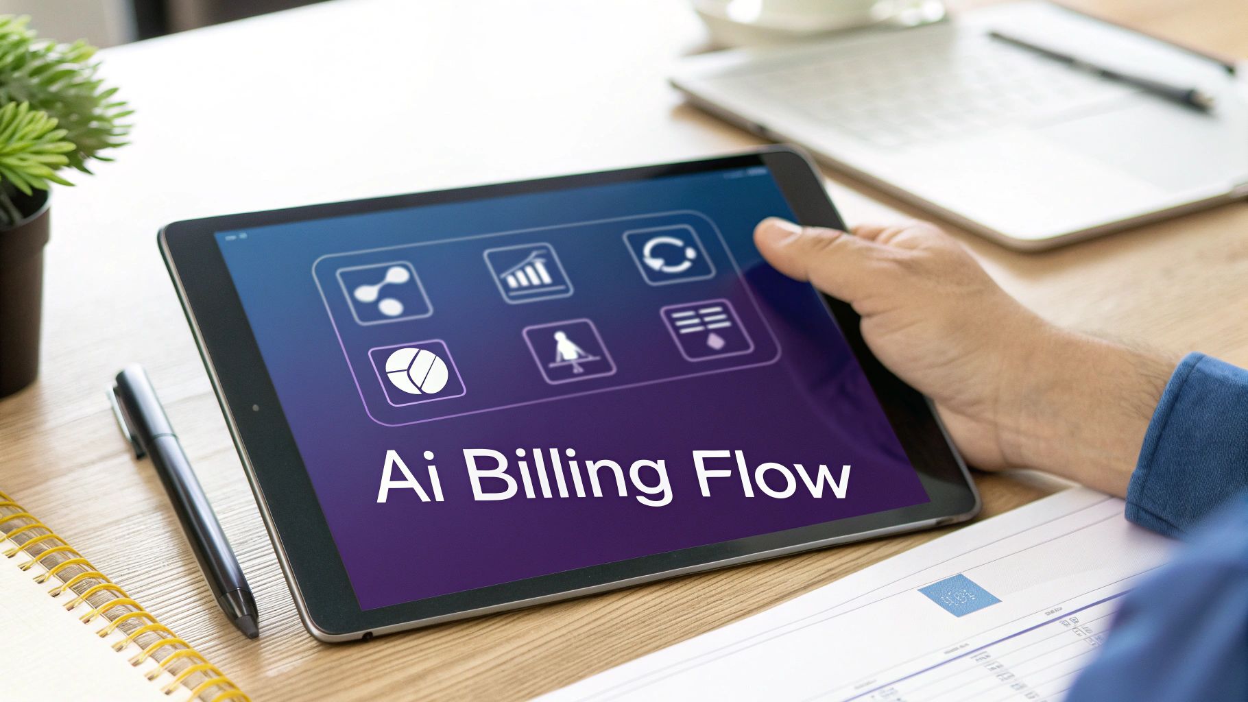 A person's hand interacting with a tablet displaying 'Ai Billing Flow' and business icons.
