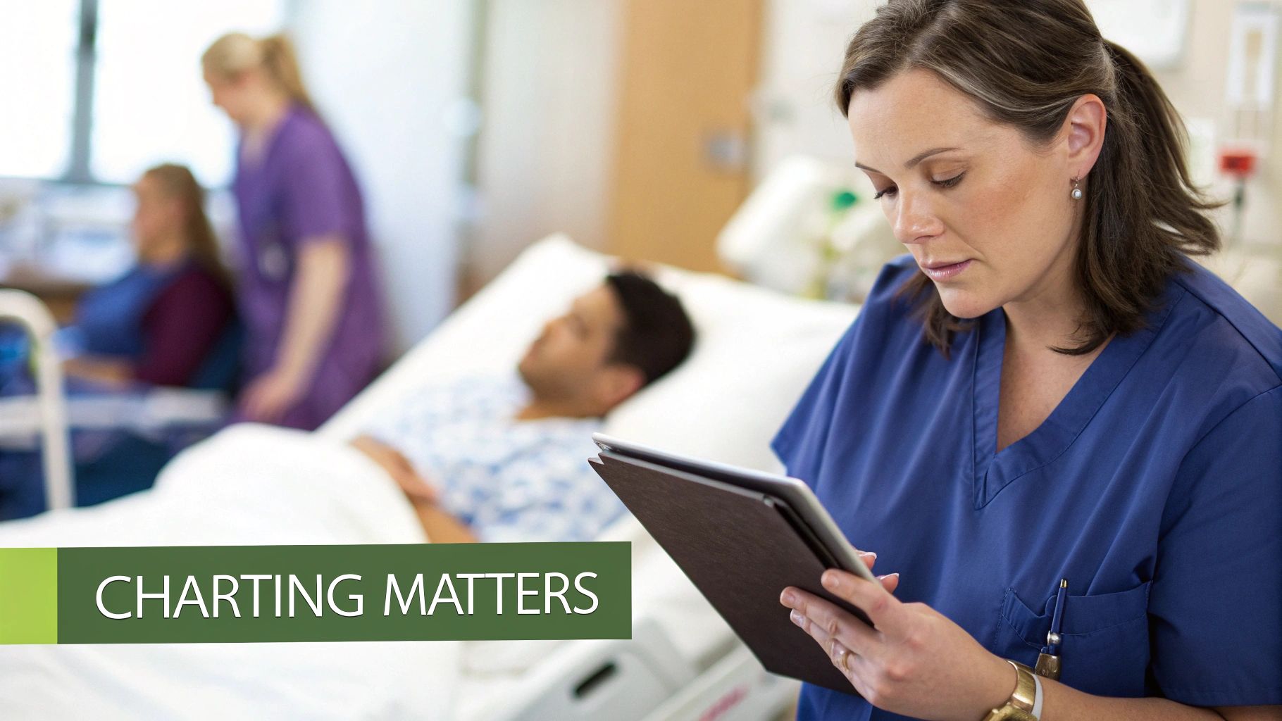 A dedicated nurse in blue scrubs intently reviews patient information on a digital tablet in a hospital room.