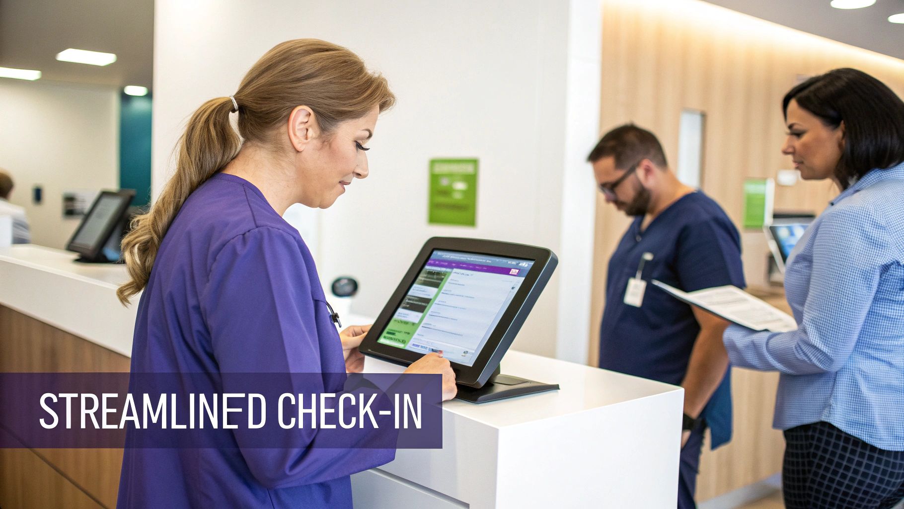 Medical professionals streamline patient check-in using a touch-screen kiosk at a modern healthcare facility.
