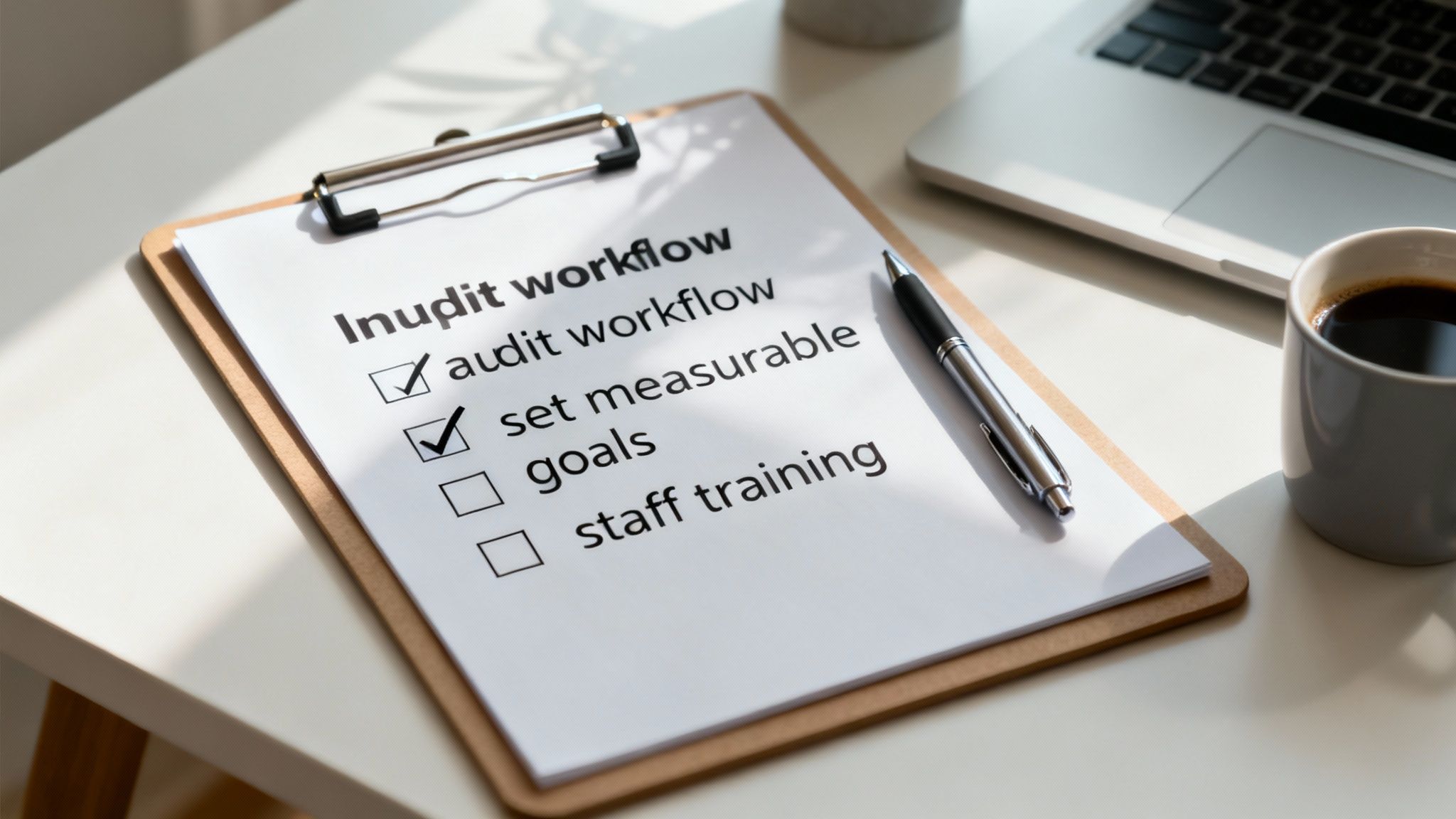 A team of healthcare professionals collaborating around a table with laptops and documents, planning improvements.